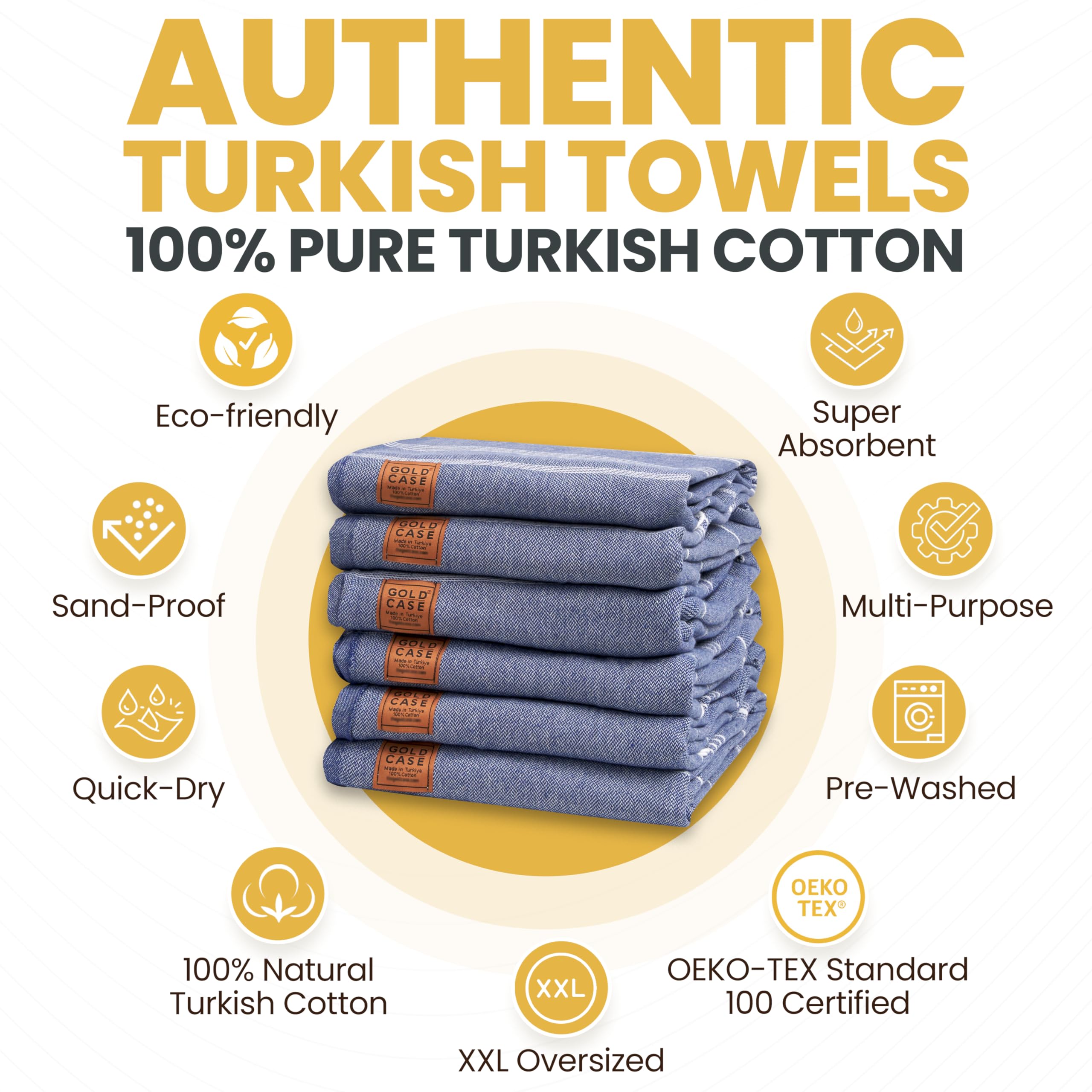 Gold CASE LYCIA Turkish Beach Towel Set of 6 – 100% Cotton Turkish Beach Towels Bulk 70 x 38'' – LYCIA Oversized, Quick Dry & Sand Free Beach Towel – Lightweight Towels Set in Navy Blue