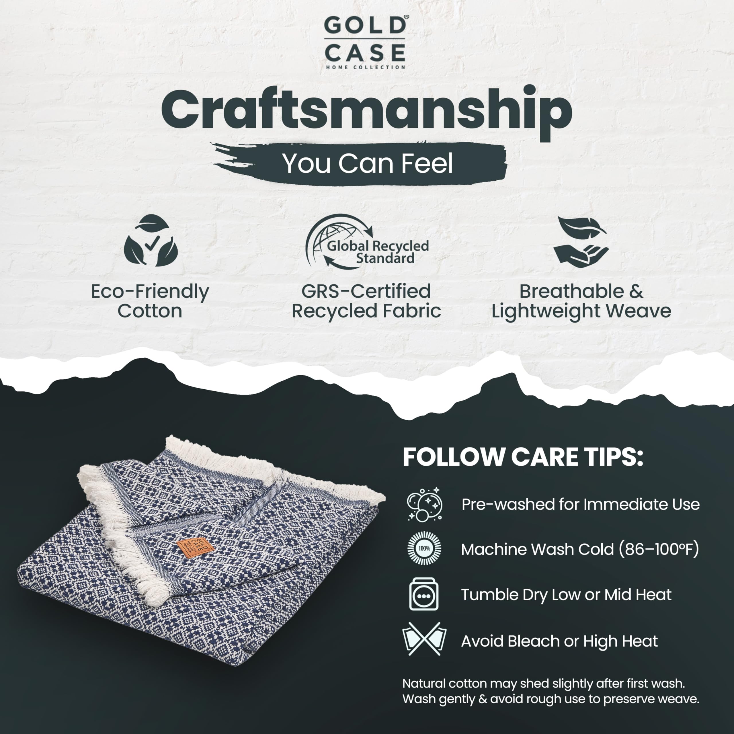 Gold Case Throw Blanket for Couch - 100% Recycled Turkish Cotton Blankets & Throws - Retro Soft Throw Blankets for Living Room - Boho Decorative Woven Couch Blanket - 50x60 - Navy Blue