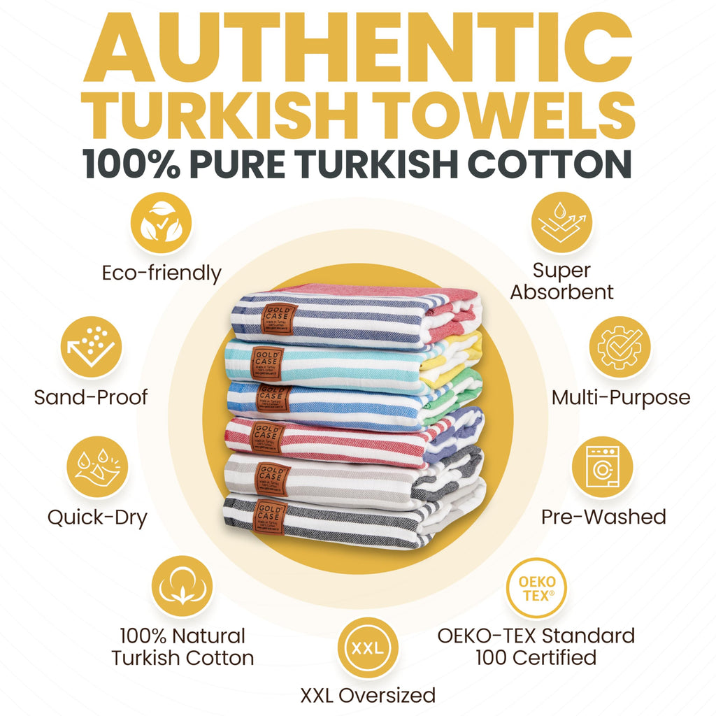 Gold CASE Turkish Beach Towel Set of 6 – 100% Cotton Large Bath Towels 70 x 38'' – LYCIA Oversized, Quick Dry & Sand Free Beach Towel – Lightweight Turkish Towels Set - Multicolor-2