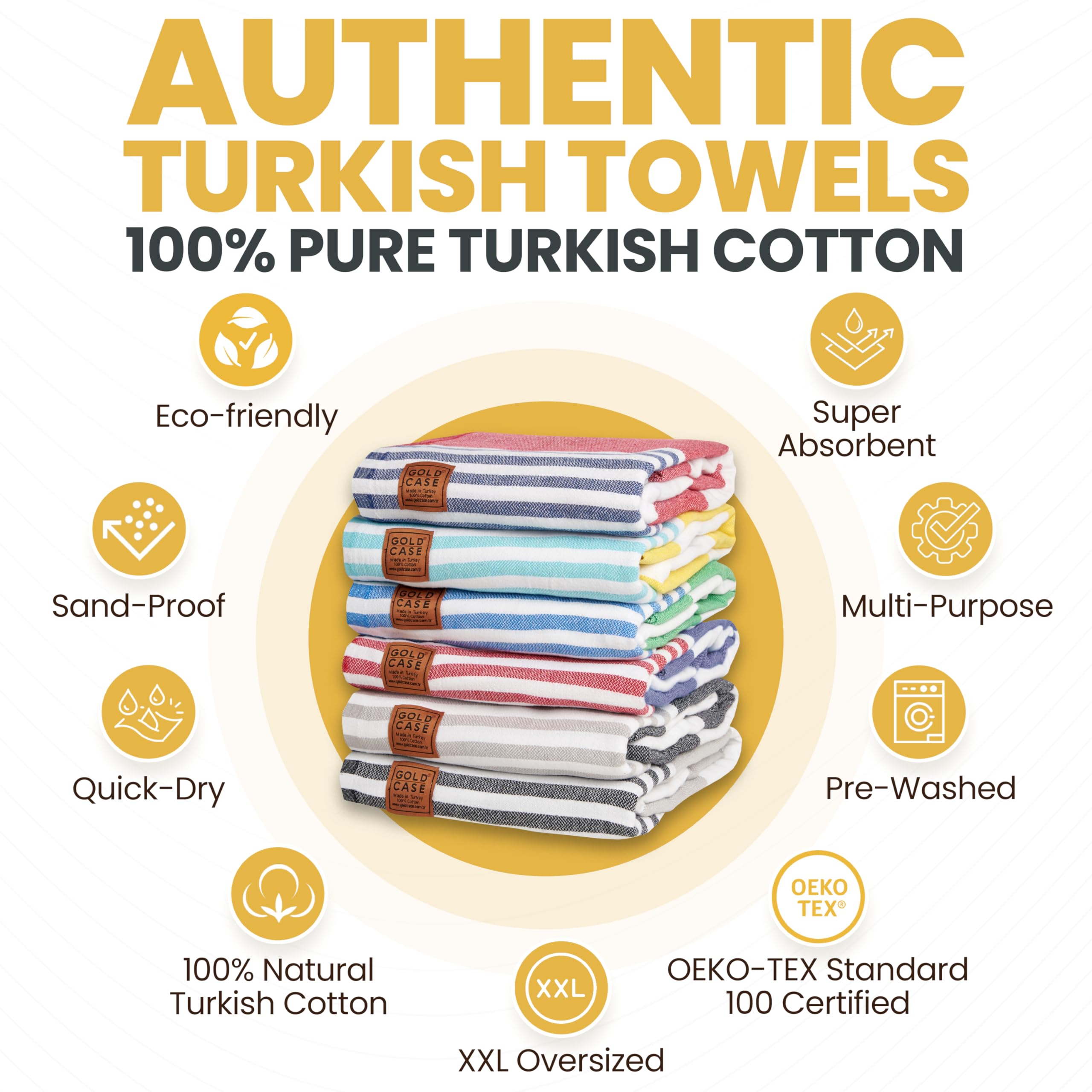 Gold CASE Turkish Beach Towel Set of 6 – 100% Cotton Large Bath Towels 70 x 38'' – LYCIA Oversized, Quick Dry & Sand Free Beach Towel – Lightweight Turkish Towels Set - Multicolor-2