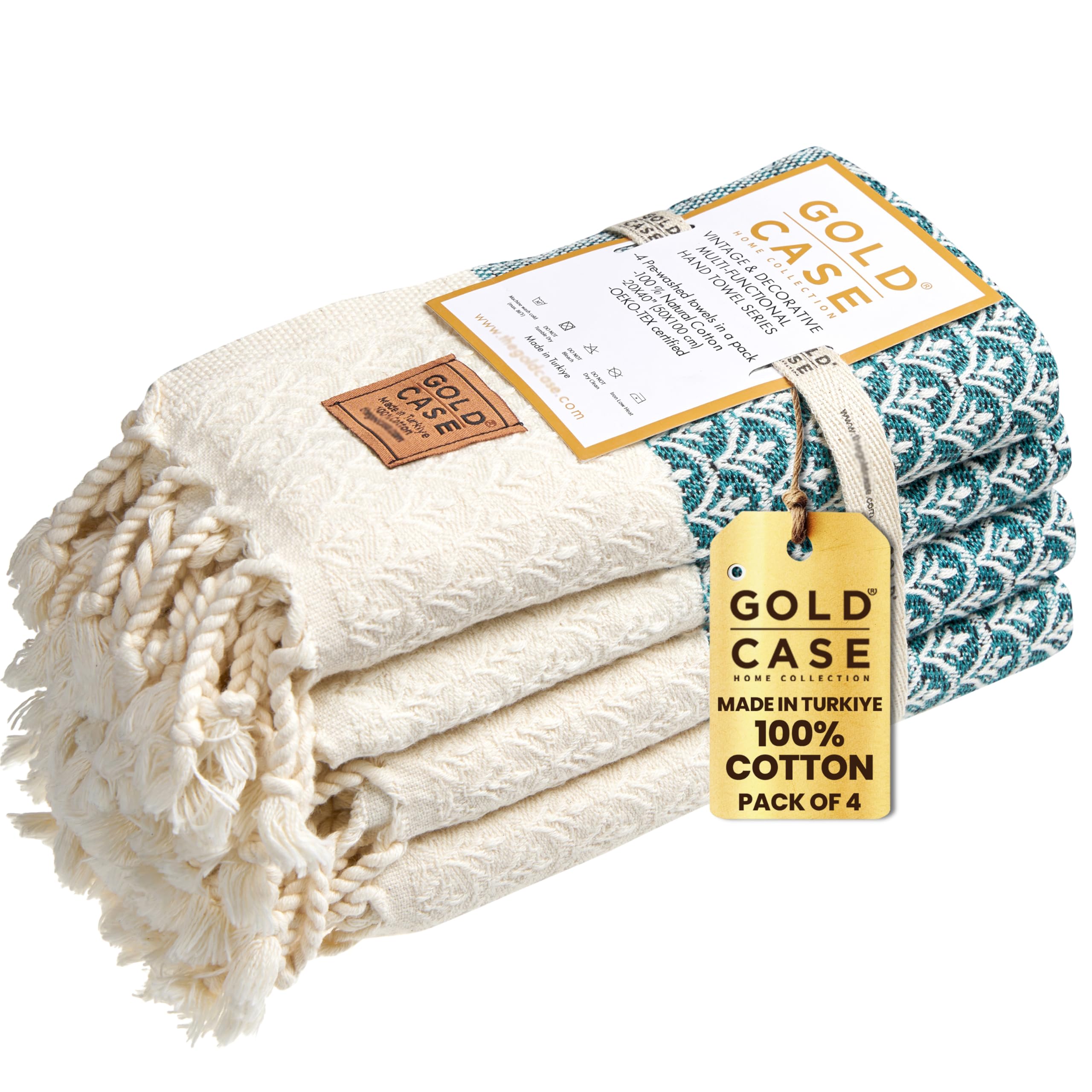 Gold CASE Turkish Hand Towels for Bathroom Set of 4 – 100% Cotton Bathroom Towels – Helen Kitchen Small Towel for Spa, Face, Tea & Dishcloth – Decorative Patterned Weave – Teal