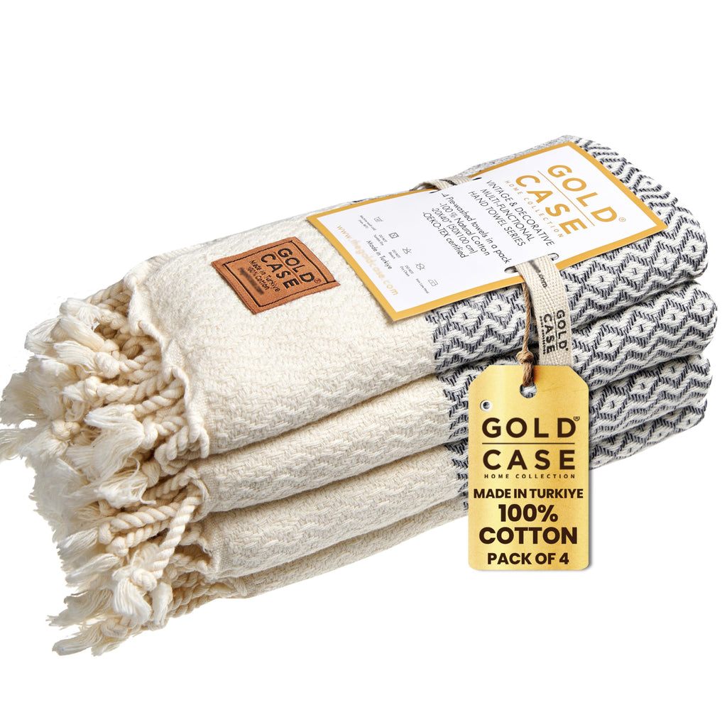 Gold CASE Turkish Hand Towels for Bathroom Set of 4–20x40''–100% Cotton Bathroom Hand Towels – Zeus Towel for Spa, Face, Tea & Dishcloth – Decorative Cloth – Grey