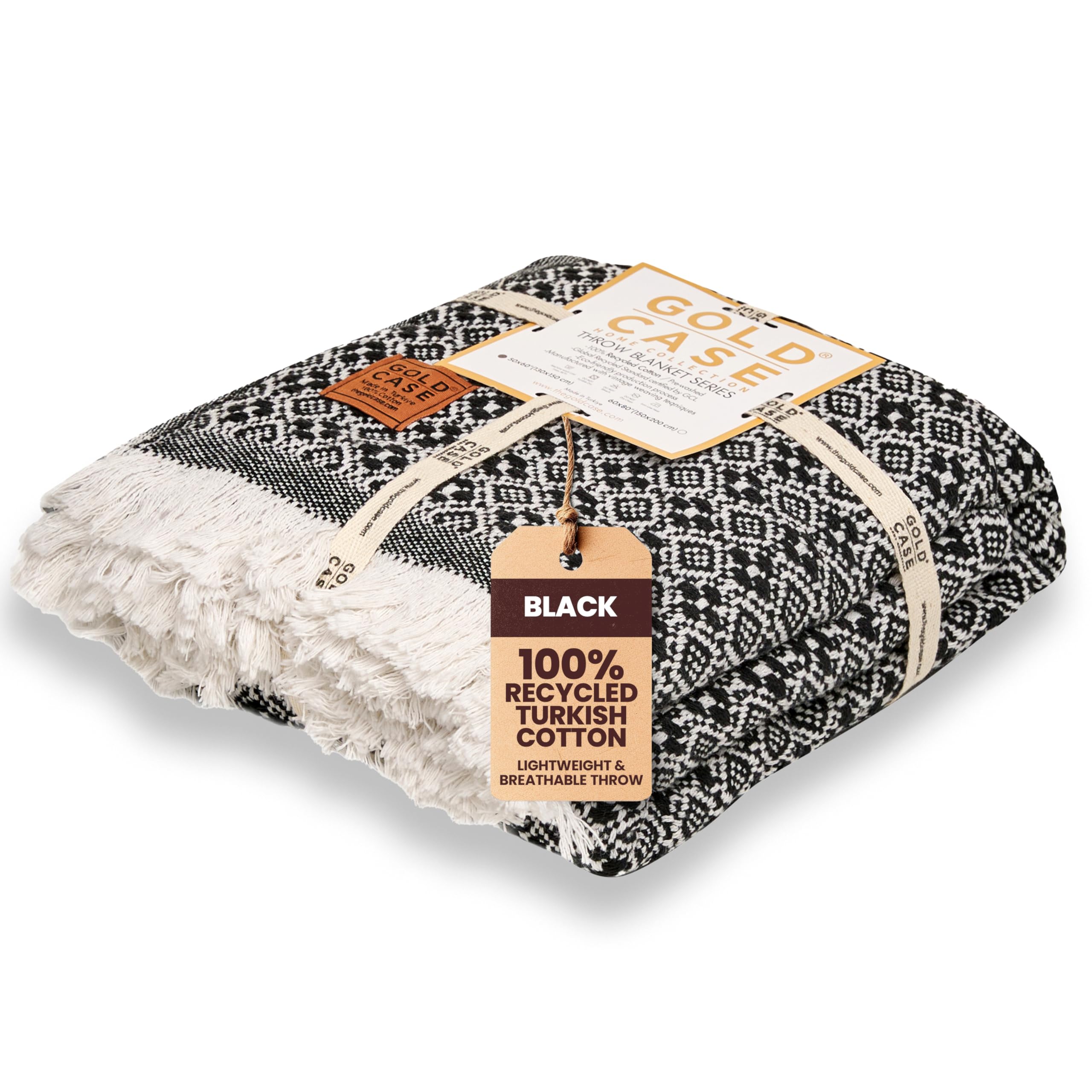 Gold Case Throw Blanket for Couch - 100% Recycled Turkish Cotton Blankets & Throws - Retro Soft Throw Blankets for Living Room - Boho Decorative Woven Couch Blanket - 50x60 - Black