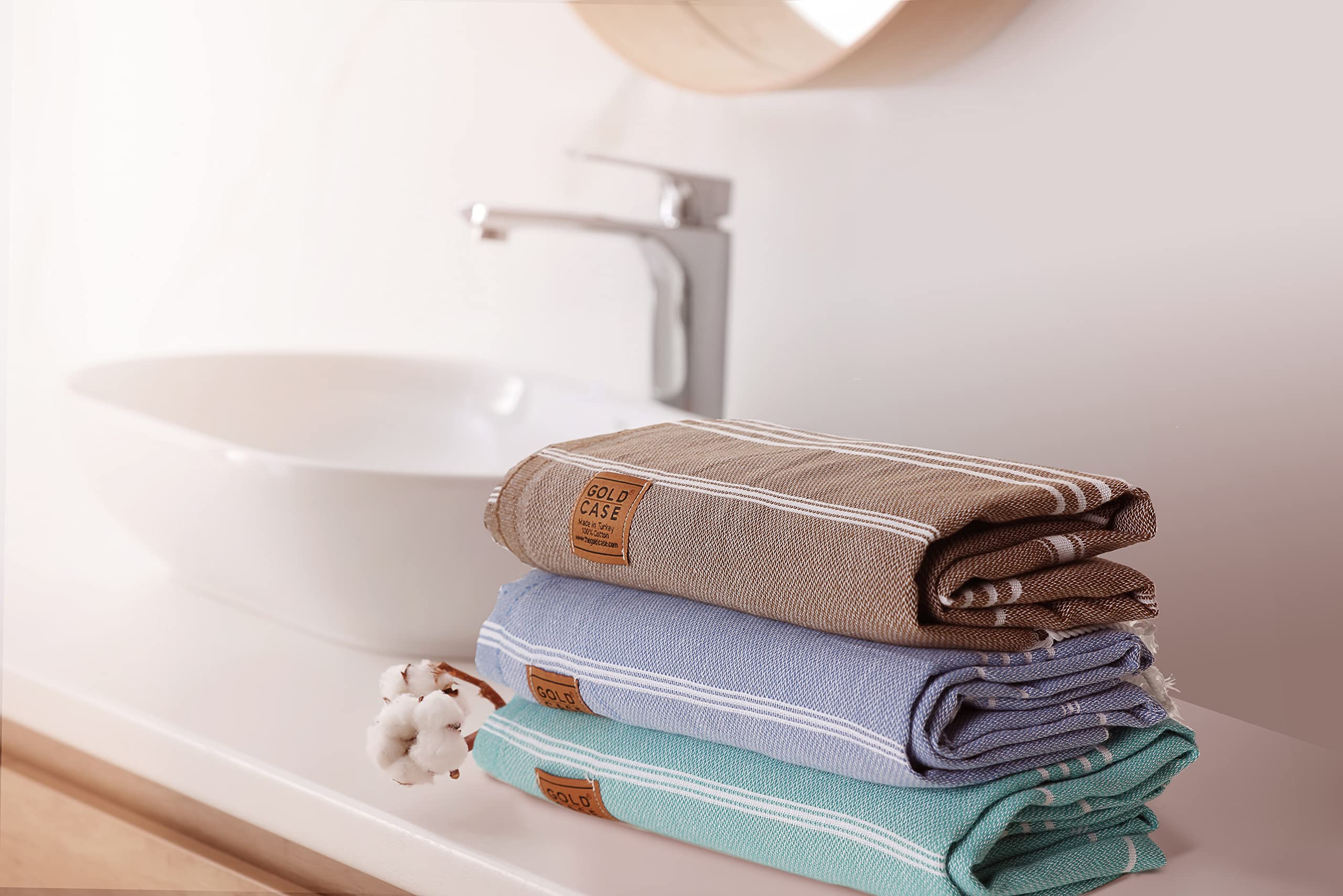 Gold CASE LYCIA Turkish Beach Towel Set of 6 – 100% Cotton Turkish Beach Towels Bulk 70 x 38'' – LYCIA Oversized, Quick Dry & Sand Free Beach Towel – Lightweight Towels Set in Mocha Mousse