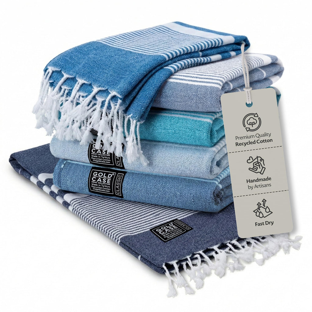 Gold Case Hera Turkish Beach Towels Set of 6-67x37 Inch Oversized Sand Free Quick Dry Pool Towels Made in Türkiye - Blue Tones