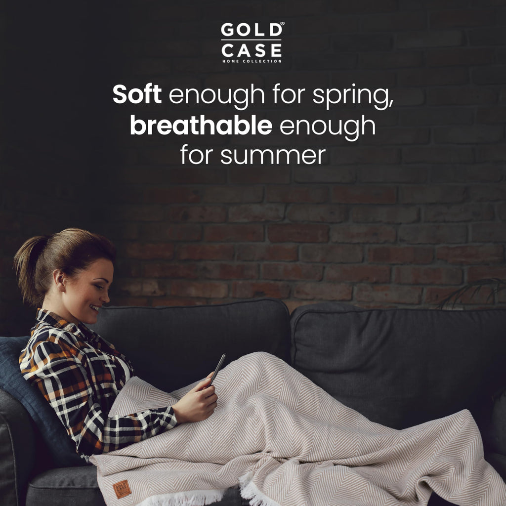 Gold Case Throw Blanket for Couch – 100% Recycled Turkish Cotton Blankets & Throws – Elegant Decorative Throw Blankets for Living Room Sofa – Woven Throws for Couch – Elegant Beige – 50x60