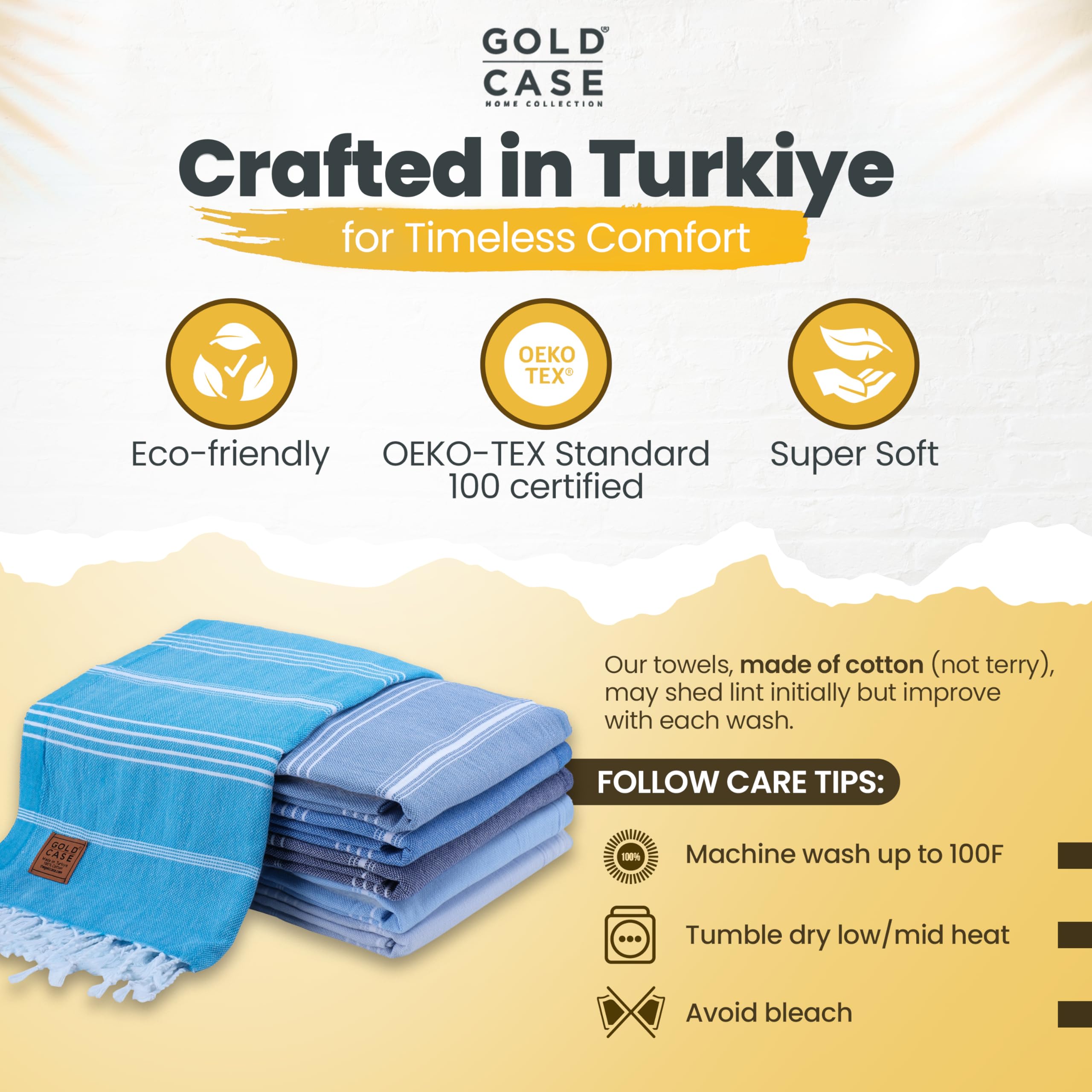 Gold CASE LYCIA Turkish Beach Towel Set of 6 – 100% Cotton Turkish Beach Towels Bulk 70 x 38'' – LYCIA Oversized, Quick Dry & Sand Free Beach Towel – Lightweight Towels Set in Tones of Blue