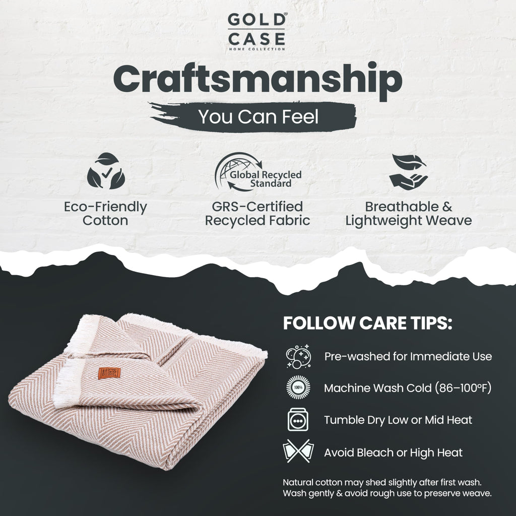 Gold Case Throw Blanket for Couch – 100% Recycled Turkish Cotton Blankets & Throws – Elegant Decorative Throw Blankets for Living Room Sofa – Woven Throws for Couch – Elegant Beige – 50x60