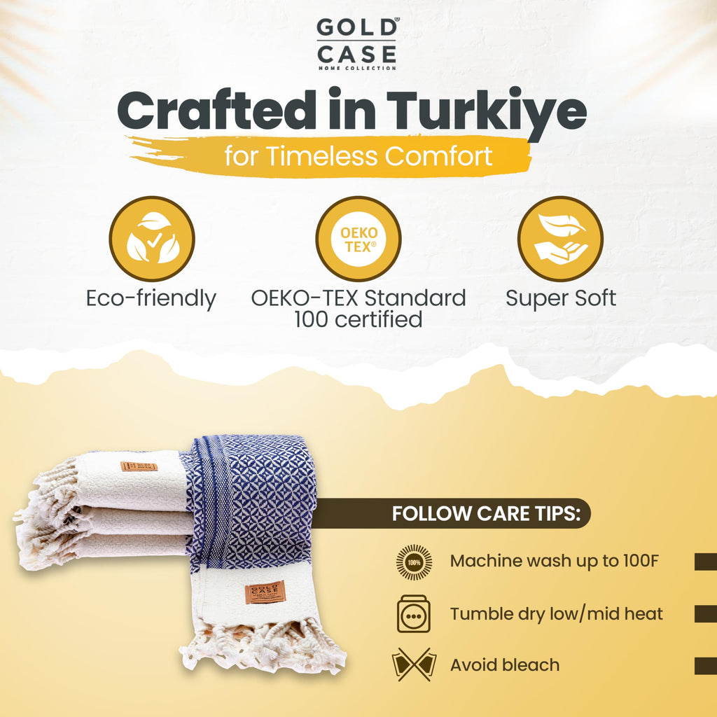 Gold CASE Turkish Hand Towels for Bathroom Set of 4 – 20 x 40'' – 100% Cotton Bathroom Towels – Aphrodite Kitchen Small Towel for Spa, Face, Tea & Dishcloth – Decorative Patterned Weave – Navy Blue