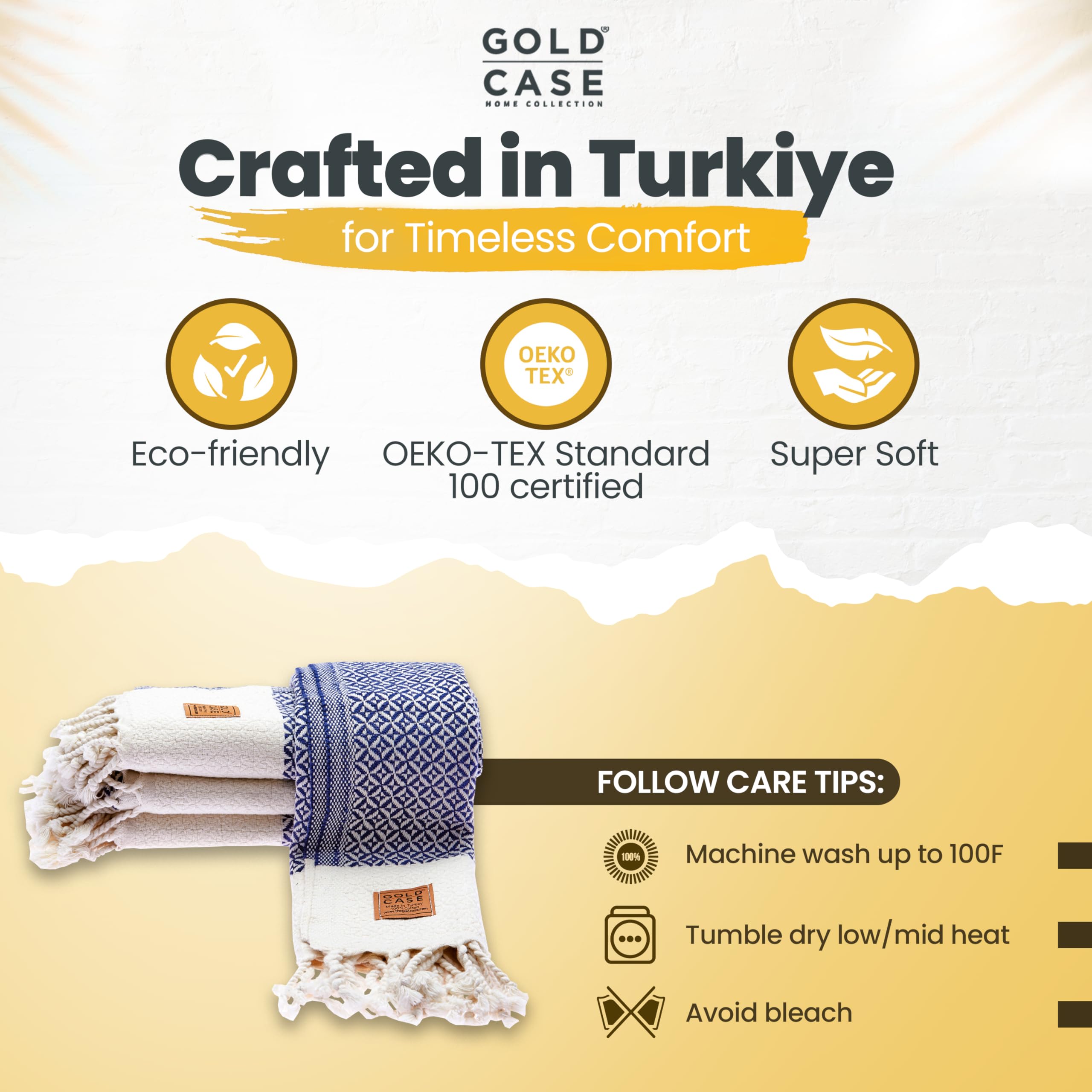 Gold CASE Turkish Hand Towels for Bathroom Set of 4 – 20 x 40'' – 100% Cotton Bathroom Towels – Aphrodite Kitchen Small Towel for Spa, Face, Tea & Dishcloth – Decorative Patterned Weave – Navy Blue