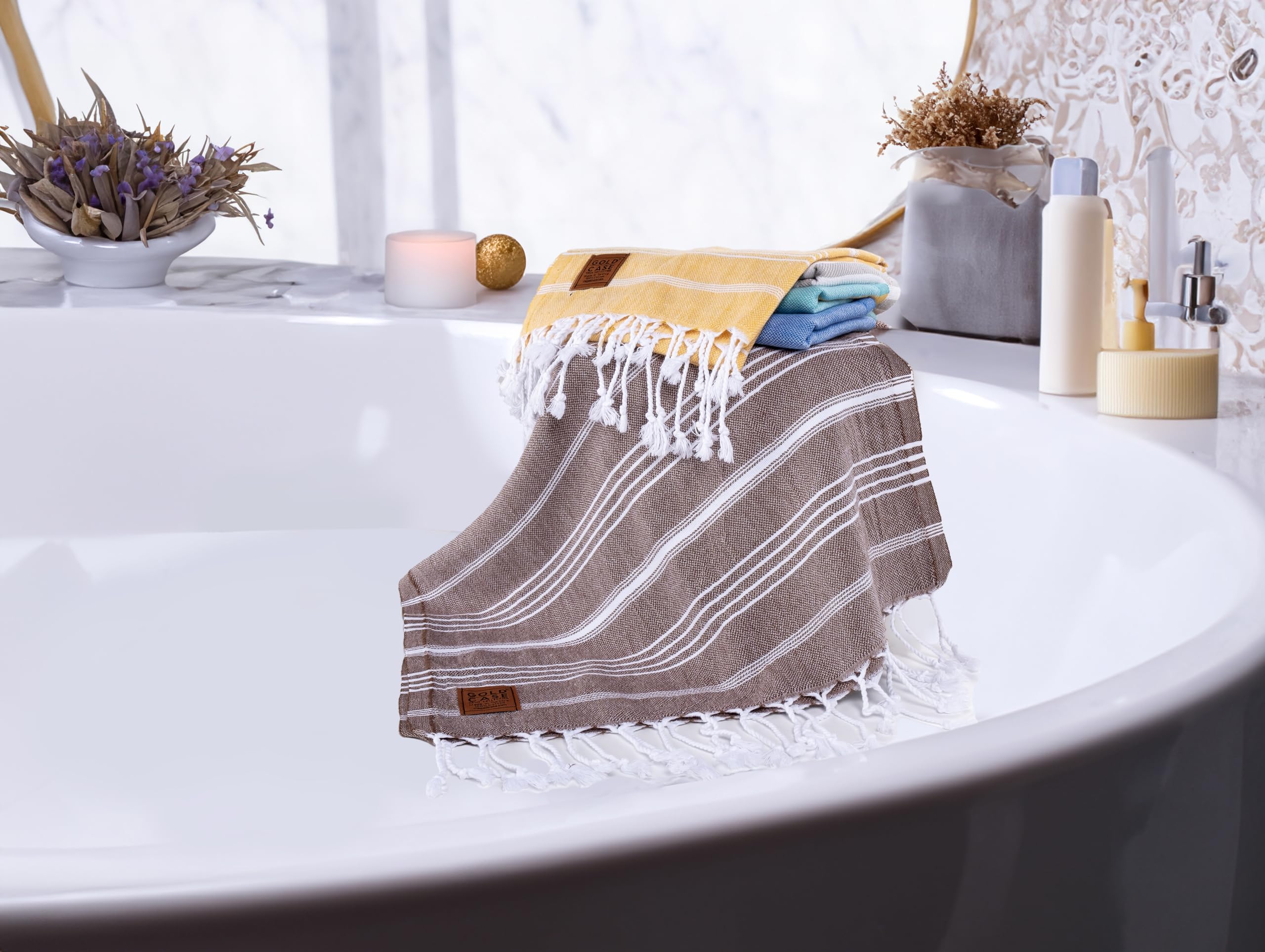 Gold CASE LYCIA Turkish Beach Towel Set of 6 – 100% Cotton Turkish Beach Towels Bulk 70 x 38'' – LYCIA Oversized, Quick Dry & Sand Free Beach Towel – Lightweight Towels Set in Mocha Mousse