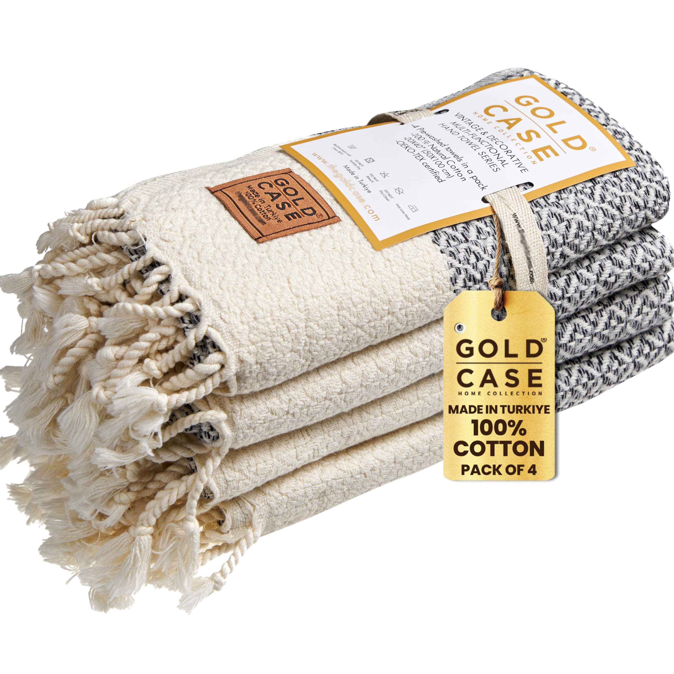 Gold CASE Turkish Hand Towels for Bathroom Set of 4 – 20 x 40'' – 100% Cotton Bathroom Towels – Aphrodite Kitchen Small Towel for Spa, Face, Tea & Dishcloth – Decorative Patterned Weave – Grey