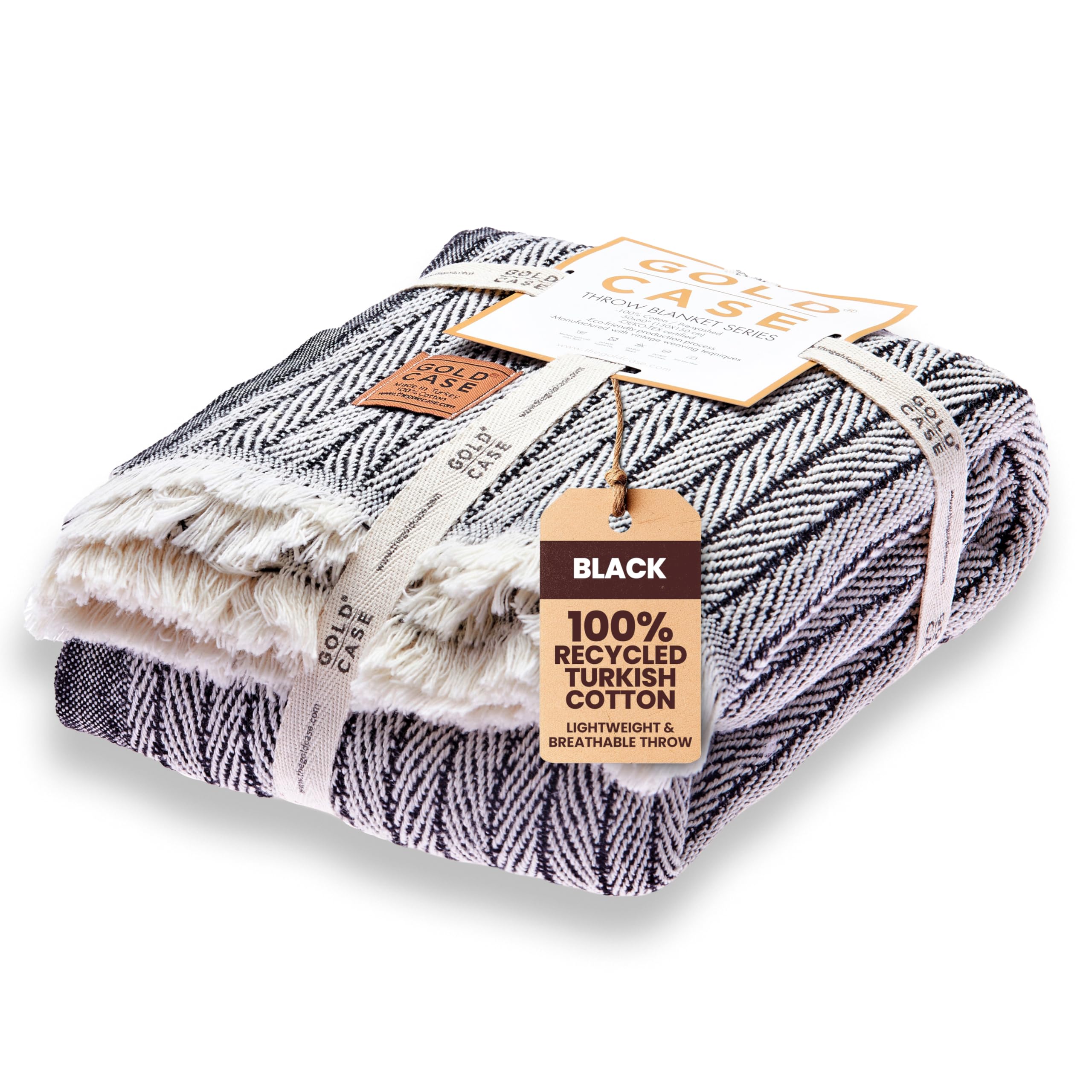 Gold Case Throw Blanket for Couch - 100% Recycled Turkish Cotton Blankets & Throws - Vintage Soft Throw Blankets for Living Room - Boho Decorative Woven Couch Blanket - 50x60 - Black