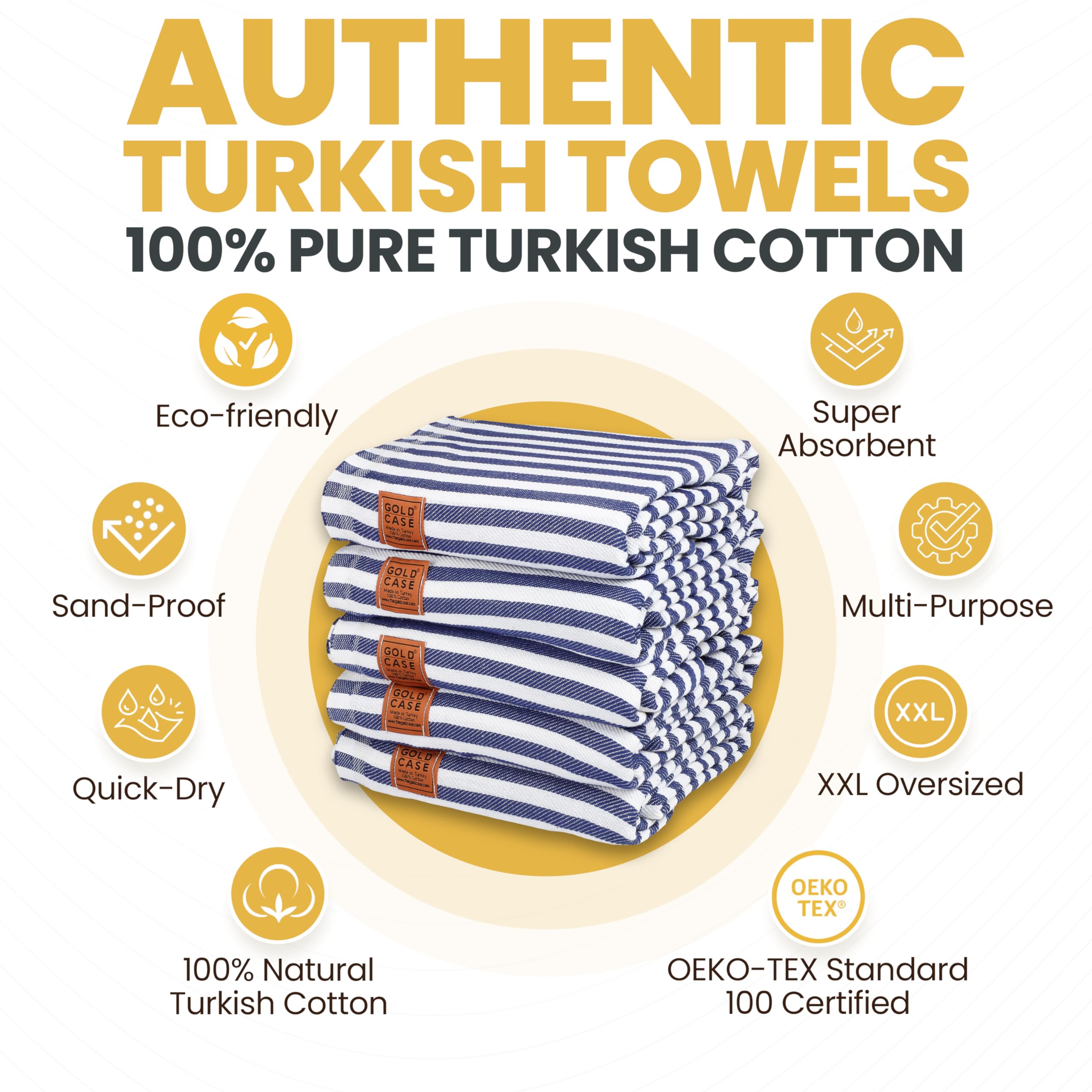 Gold CASE Turkish Beach Towel Set of 5 – 100% Cotton Beach Towels Oversized 70x38'' – MYRA Quick Dry Swim Towel – Lightweight Turkish Towels Set in Navy Blue