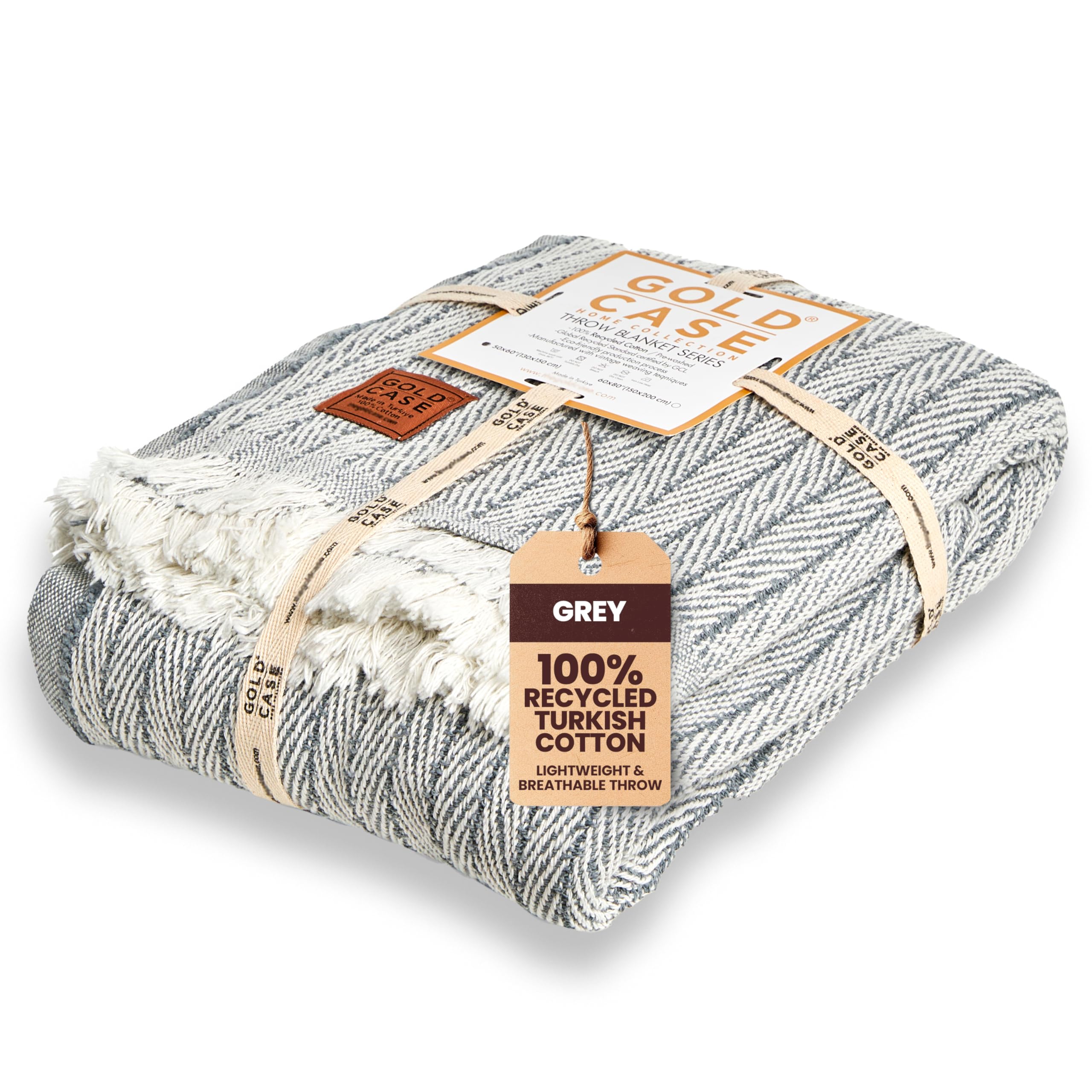Gold Case Throw Blanket for Couch - 100% Recycled Turkish Cotton Blankets & Throws - Vintage Soft Throw Blankets for Living Room - Boho Decorative Woven Couch Blanket - 50x60 - Grey