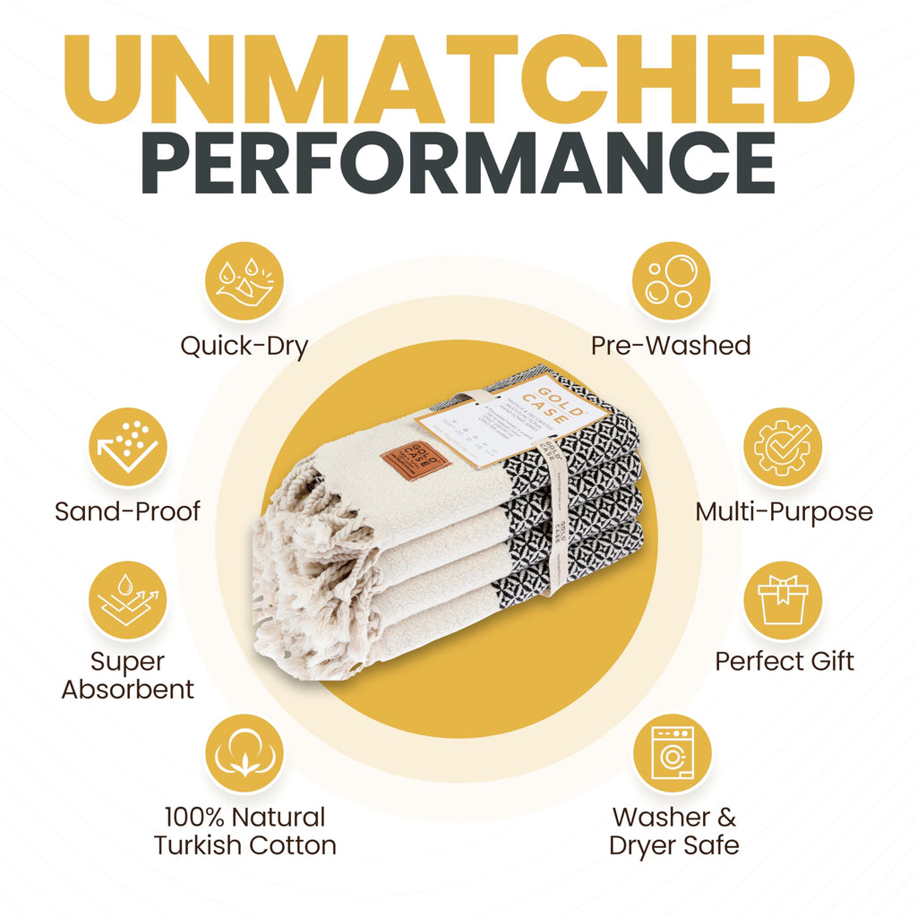 Gold CASE Turkish Hand Towels for Bathroom Set of 4 – 20 x 40'' – 100% Cotton Bathroom Towels – Aphrodite Kitchen Small Towel for Spa, Face, Tea & Dishcloth – Decorative Patterned Weave – Black