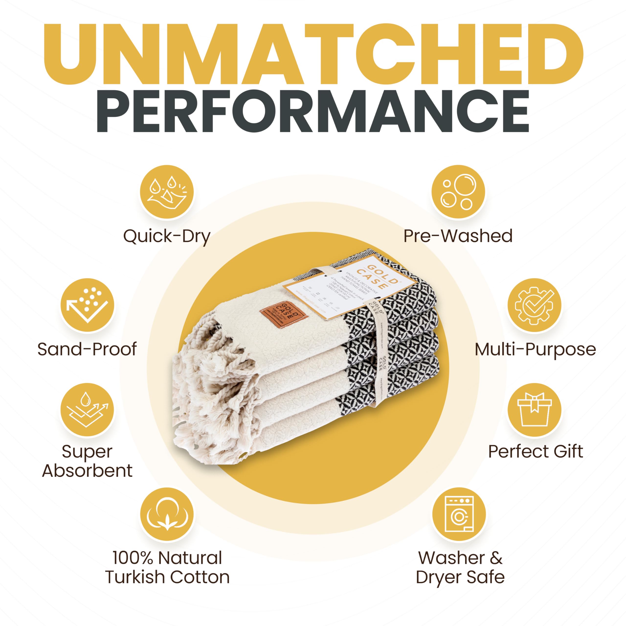 Gold CASE Turkish Hand Towels for Bathroom Set of 4 – 20 x 40'' – 100% Cotton Bathroom Towels – Aphrodite Kitchen Small Towel for Spa, Face, Tea & Dishcloth – Decorative Patterned Weave – Black