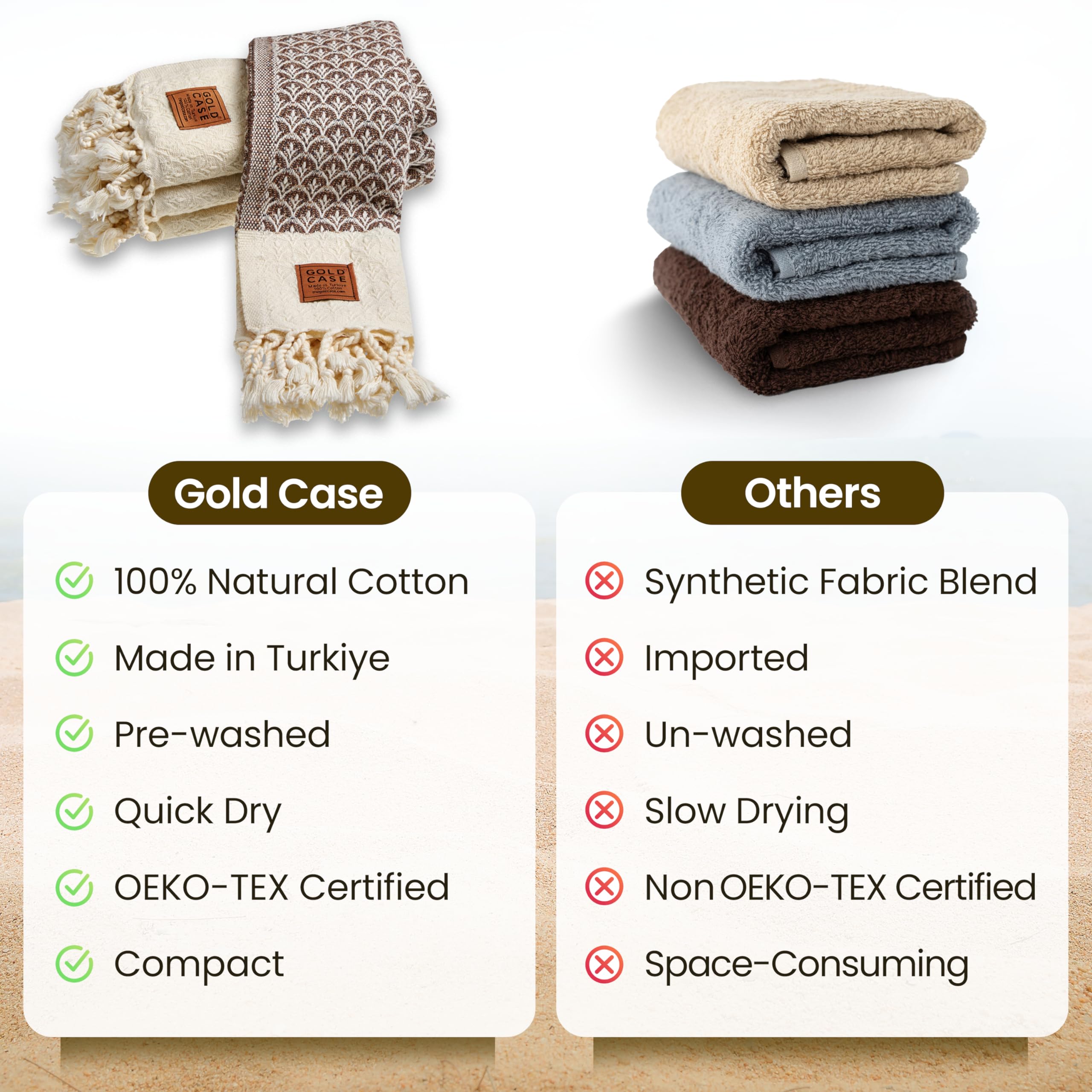 Gold CASE Turkish Hand Towels for Bathroom Set of 4 – 100% Cotton Bathroom Towels – Helen Kitchen Small Towel for Spa, Face, Tea & Dishcloth – Decorative Patterned Weave – Brown
