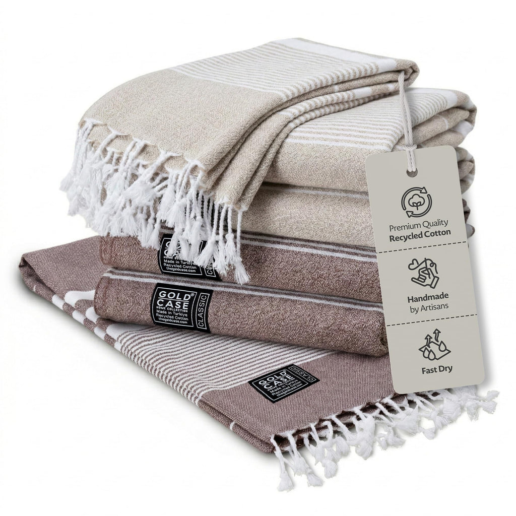 Gold Case Hera Turkish Beach Towels Set of 6-67x37 Inch Oversized Sand Free Quick Dry Pool Towels Made in Türkiye - Beige & Brown