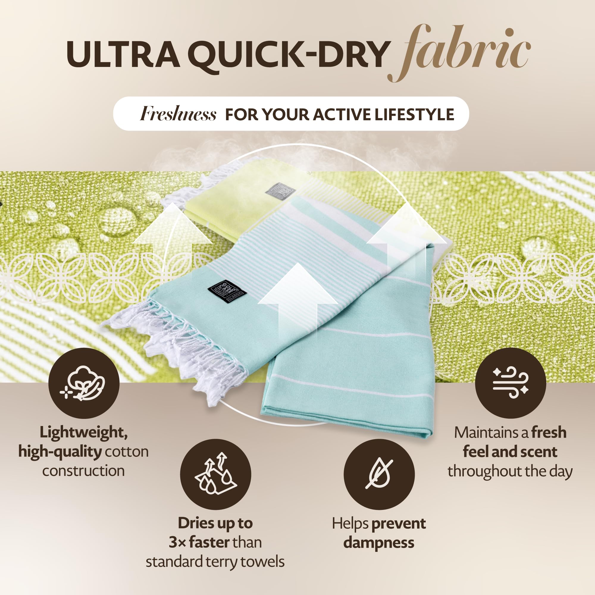Gold Case Hera Turkish Beach Towels Set of 6-67x37 Inch Oversized Sand Free Quick Dry Pool Towels Made in Türkiye - Green Tones