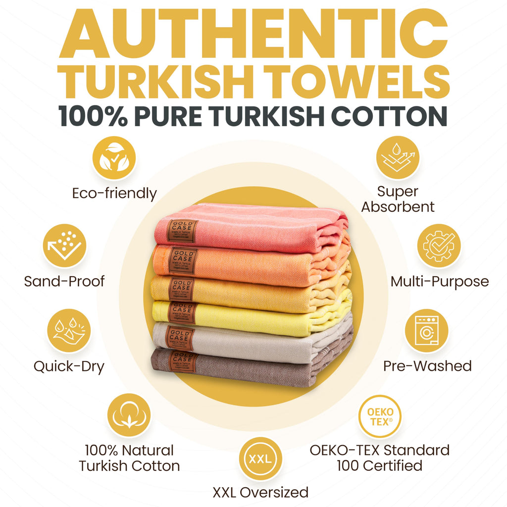 Gold CASE LYCIA Turkish Beach Towel Set of 6 – 100% Cotton Turkish Beach Towels Bulk 70 x 38'' – LYCIA Oversized, Quick Dry & Sand Free Beach Towel – Lightweight Towels Set in Tones of Yellow