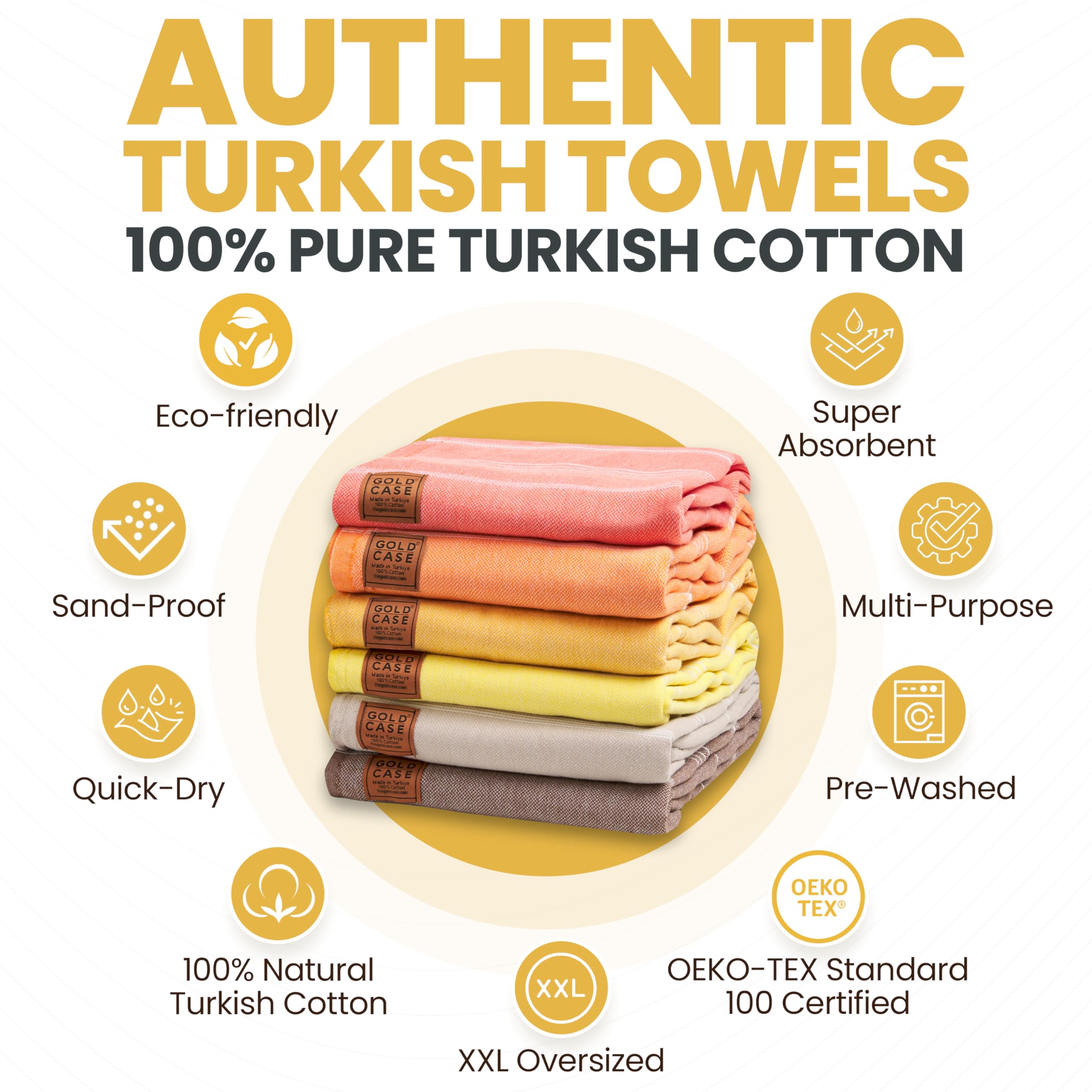 Gold CASE LYCIA Turkish Beach Towel Set of 6 – 100% Cotton Turkish Beach Towels Bulk 70 x 38'' – LYCIA Oversized, Quick Dry & Sand Free Beach Towel – Lightweight Towels Set in Tones of Yellow