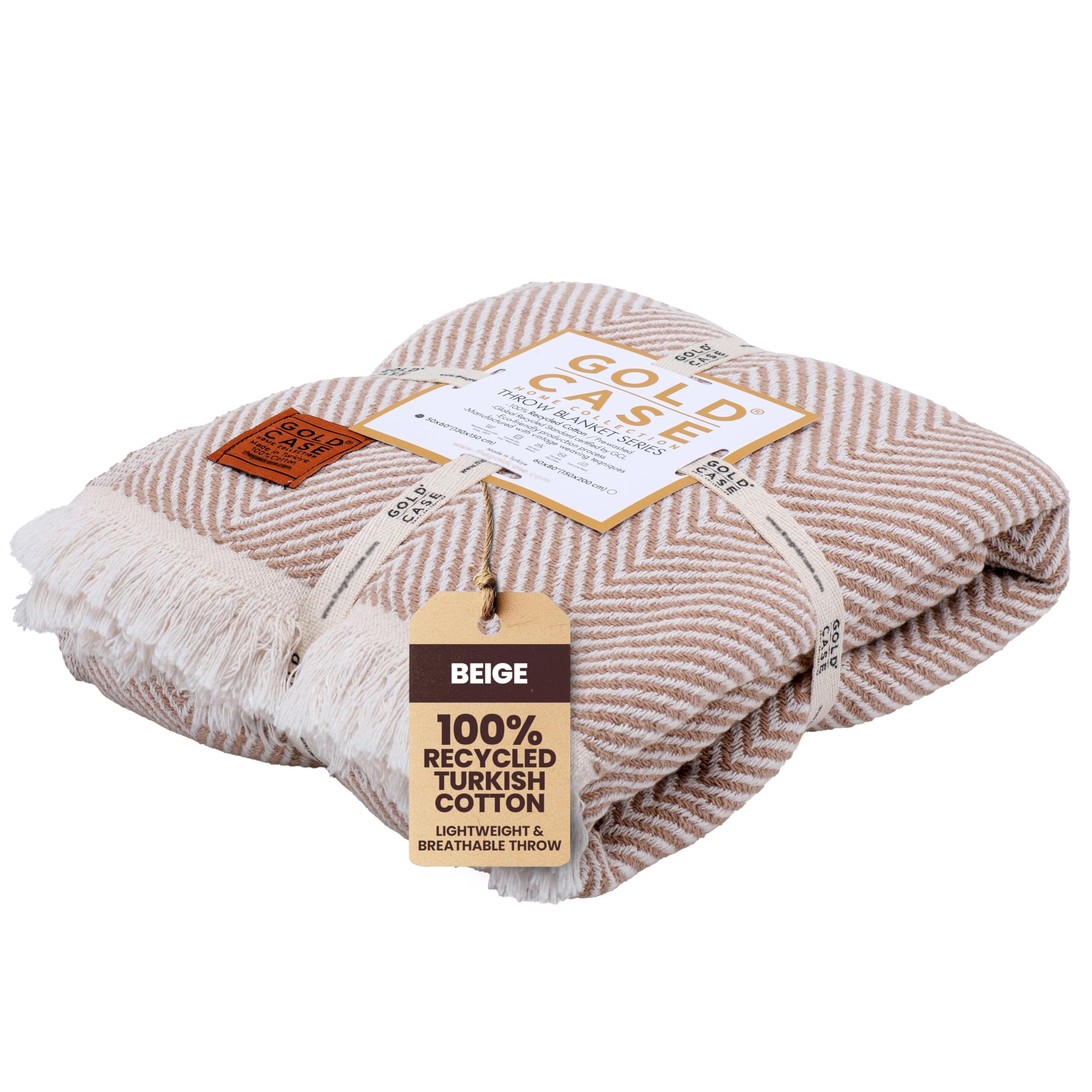 Gold Case Throw Blanket for Couch – 100% Recycled Turkish Cotton Blankets & Throws – Elegant Decorative Throw Blankets for Living Room Sofa – Woven Throws for Couch – Elegant Beige – 50x60