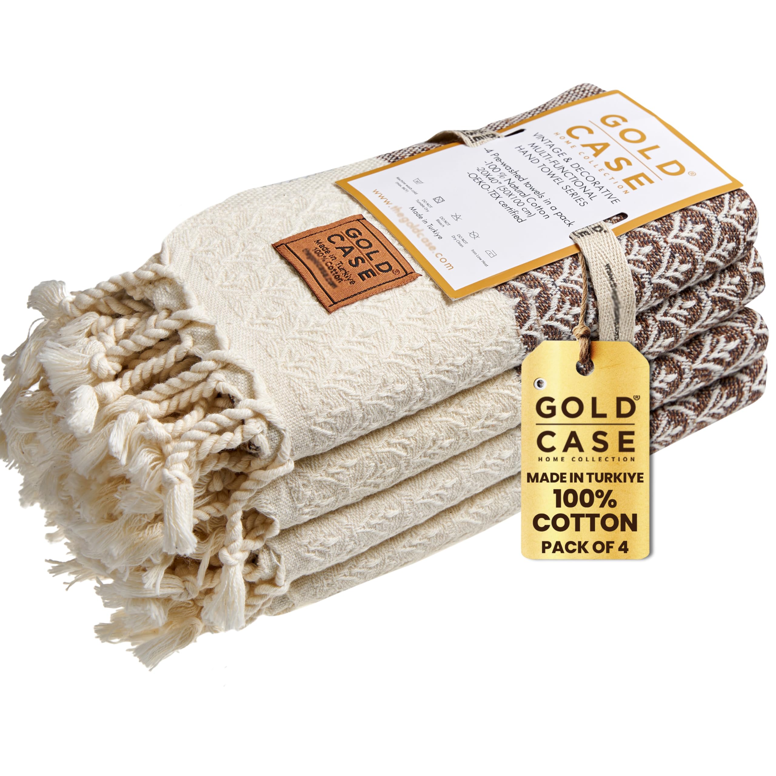 Gold CASE Turkish Hand Towels for Bathroom Set of 4 – 100% Cotton Bathroom Towels – Helen Kitchen Small Towel for Spa, Face, Tea & Dishcloth – Decorative Patterned Weave – Brown