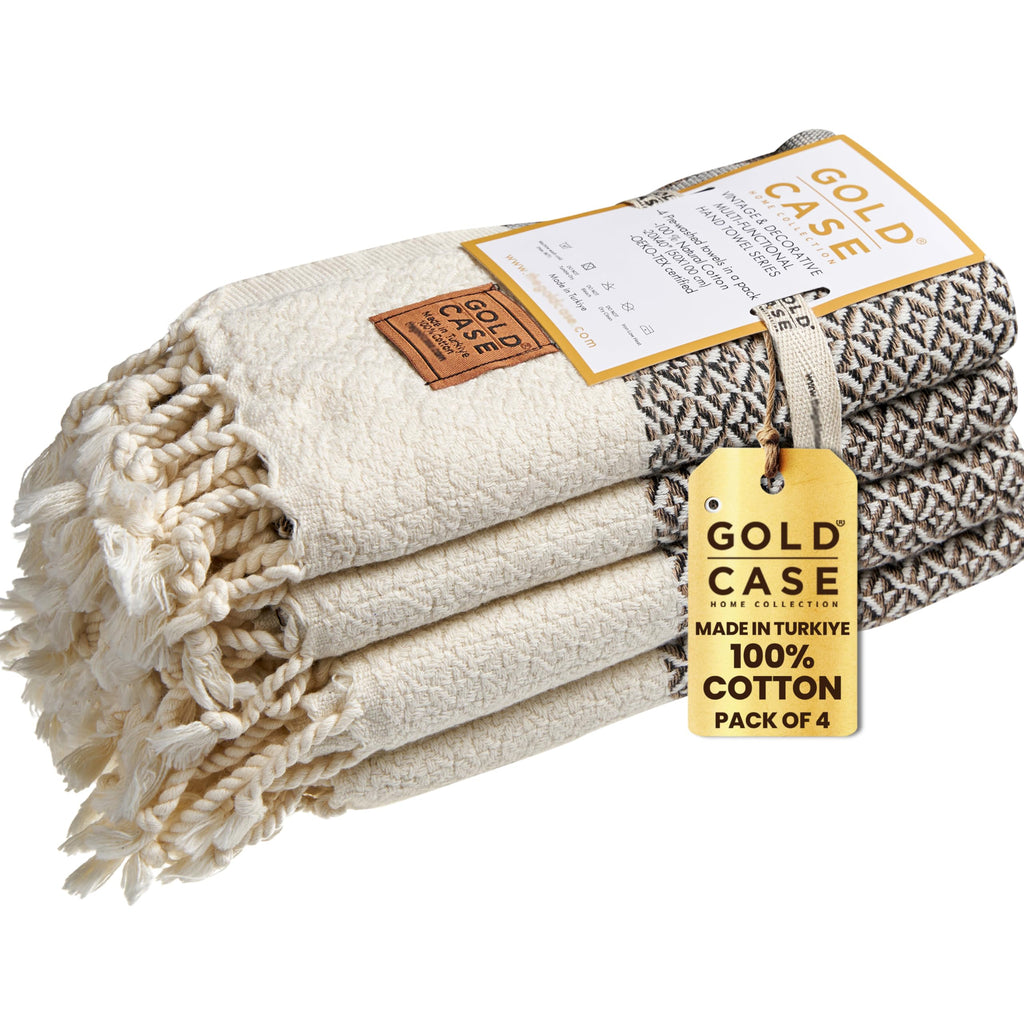 Gold CASE Turkish Hand Towels for Bathroom Set of 4 – 20 x 40'' – 100% Cotton Bathroom Towels – Aphrodite Kitchen Small Towel for Spa, Face, Tea & Dishcloth – Decorative Patterned Weave – Beige