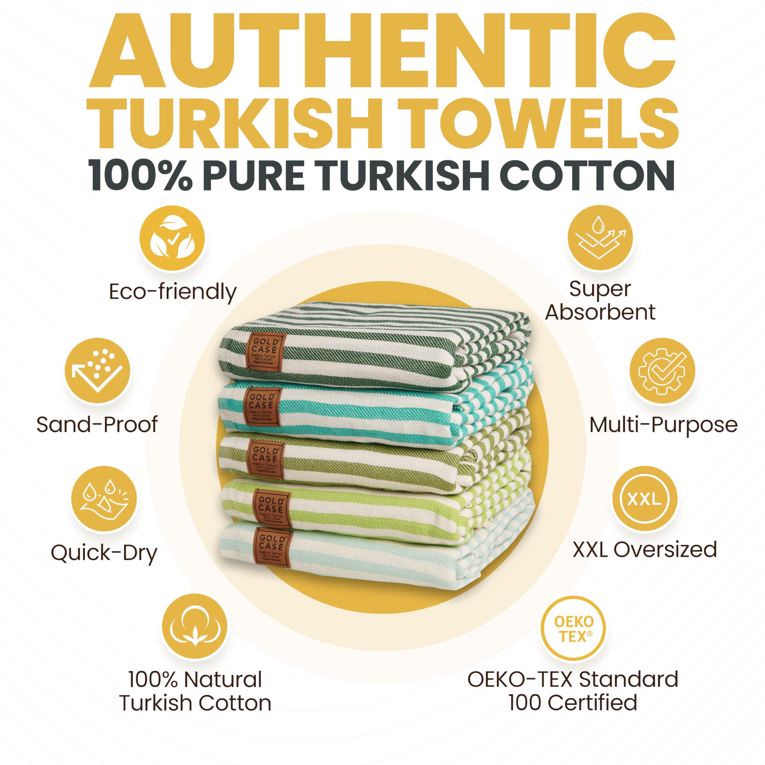 Gold CASE Turkish Beach Towel Set of 5 – 100% Cotton Beach Towels Oversized 70x38'' – MYRA Quick Dry Swim Towel – Lightweight Turkish Towels Set in Green
