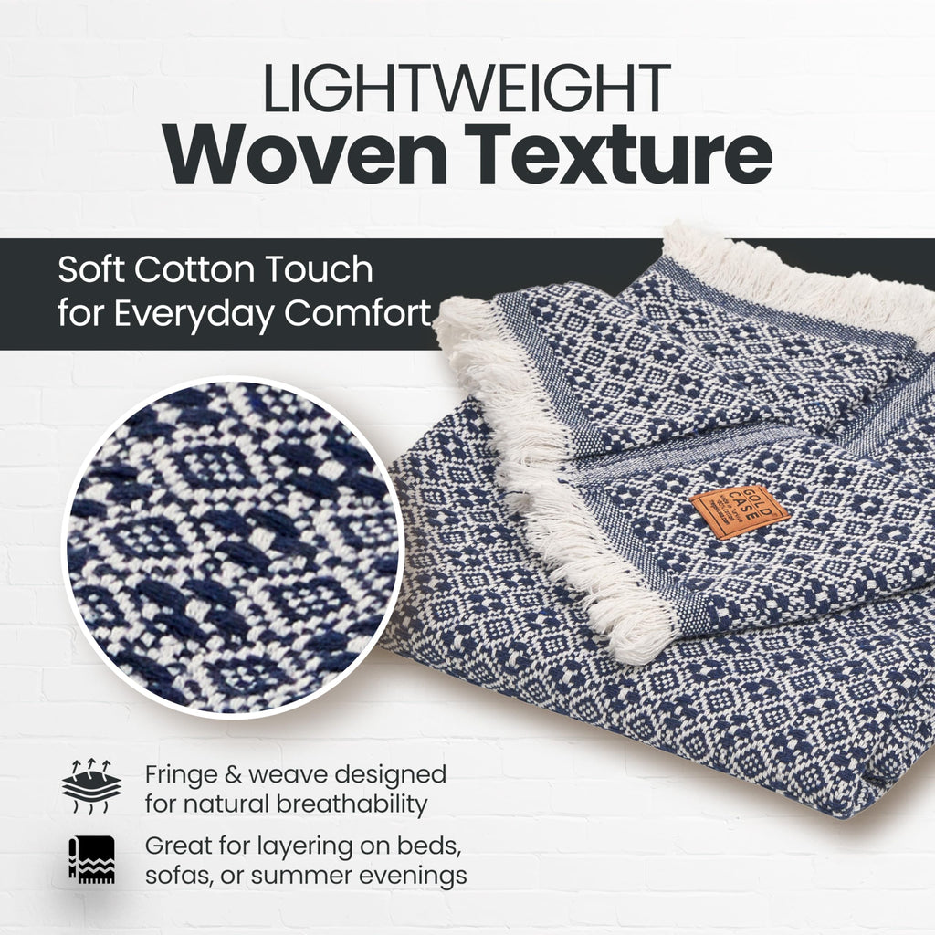 Gold Case Throw Blanket for Couch - 100% Recycled Turkish Cotton Blankets & Throws - Retro Soft Throw Blankets for Living Room - Boho Decorative Woven Couch Blanket - 50x60 - Navy Blue