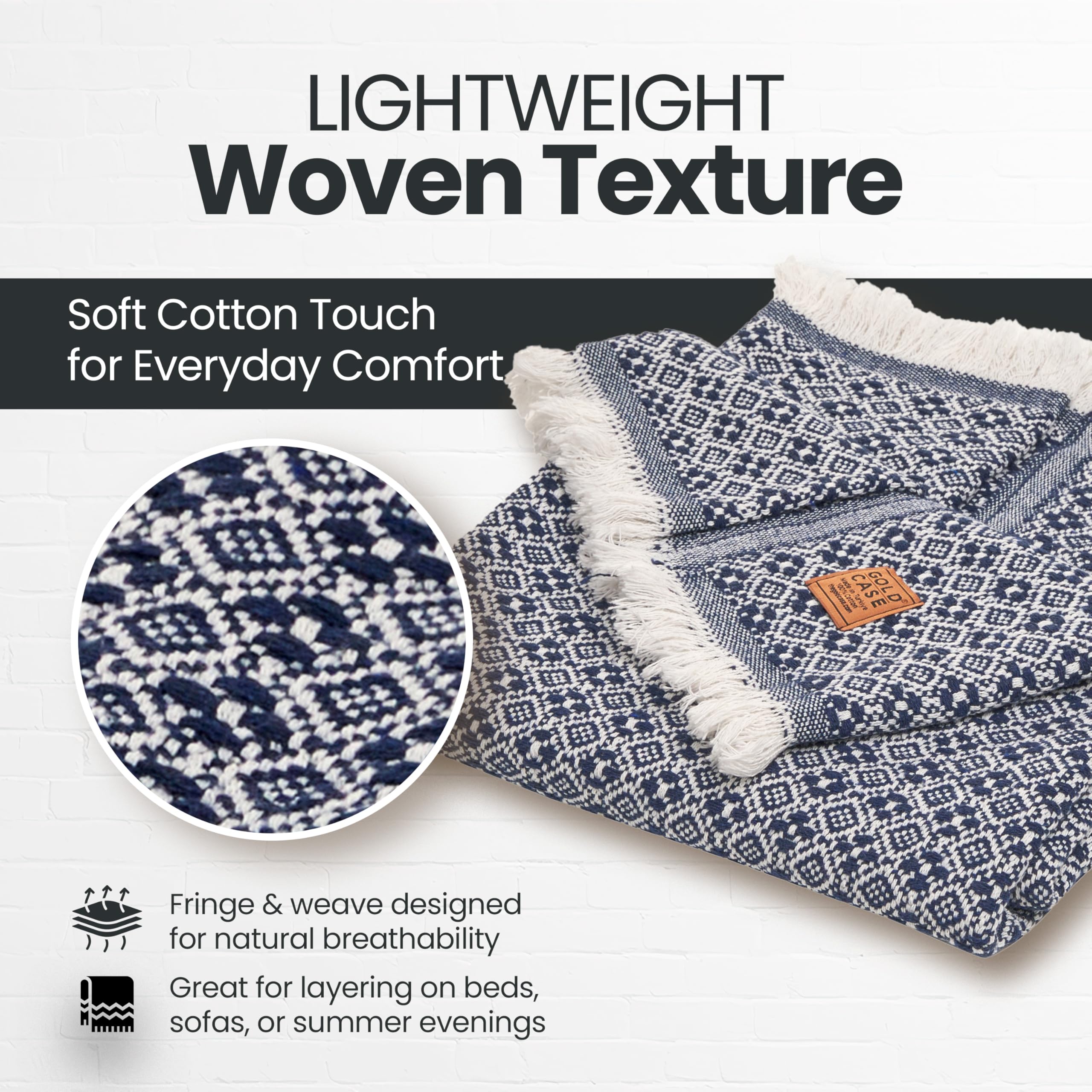 Gold Case Throw Blanket for Couch - 100% Recycled Turkish Cotton Blankets & Throws - Retro Soft Throw Blankets for Living Room - Boho Decorative Woven Couch Blanket - 50x60 - Navy Blue