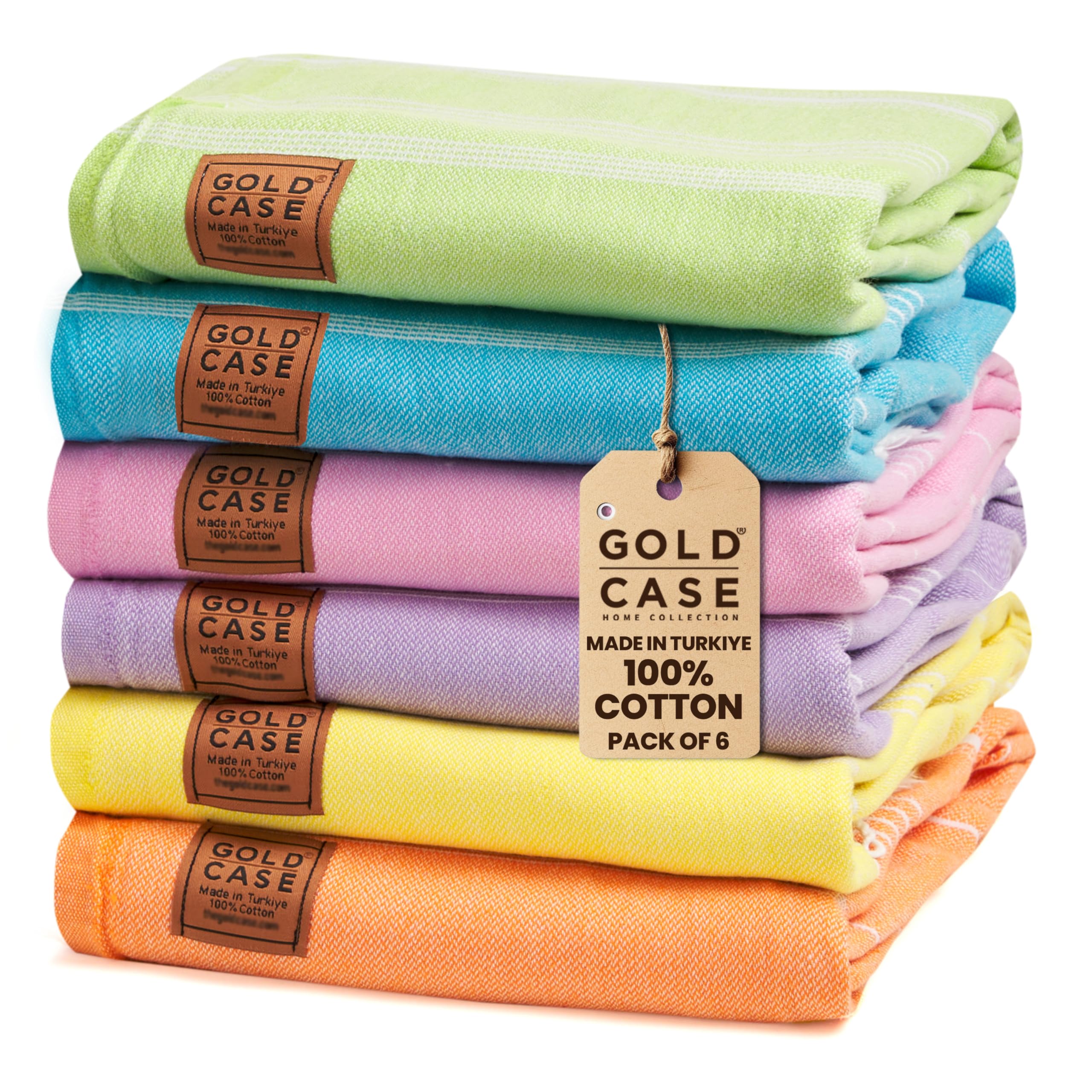 Gold CASE LYCIA Turkish Beach Towel Set of 6 – 100% Cotton Turkish Beach Towels Bulk 70 x 38'' – LYCIA Oversized, Quick Dry & Sand Free Beach Towel – Lightweight Towels Set in Multi Color Tones
