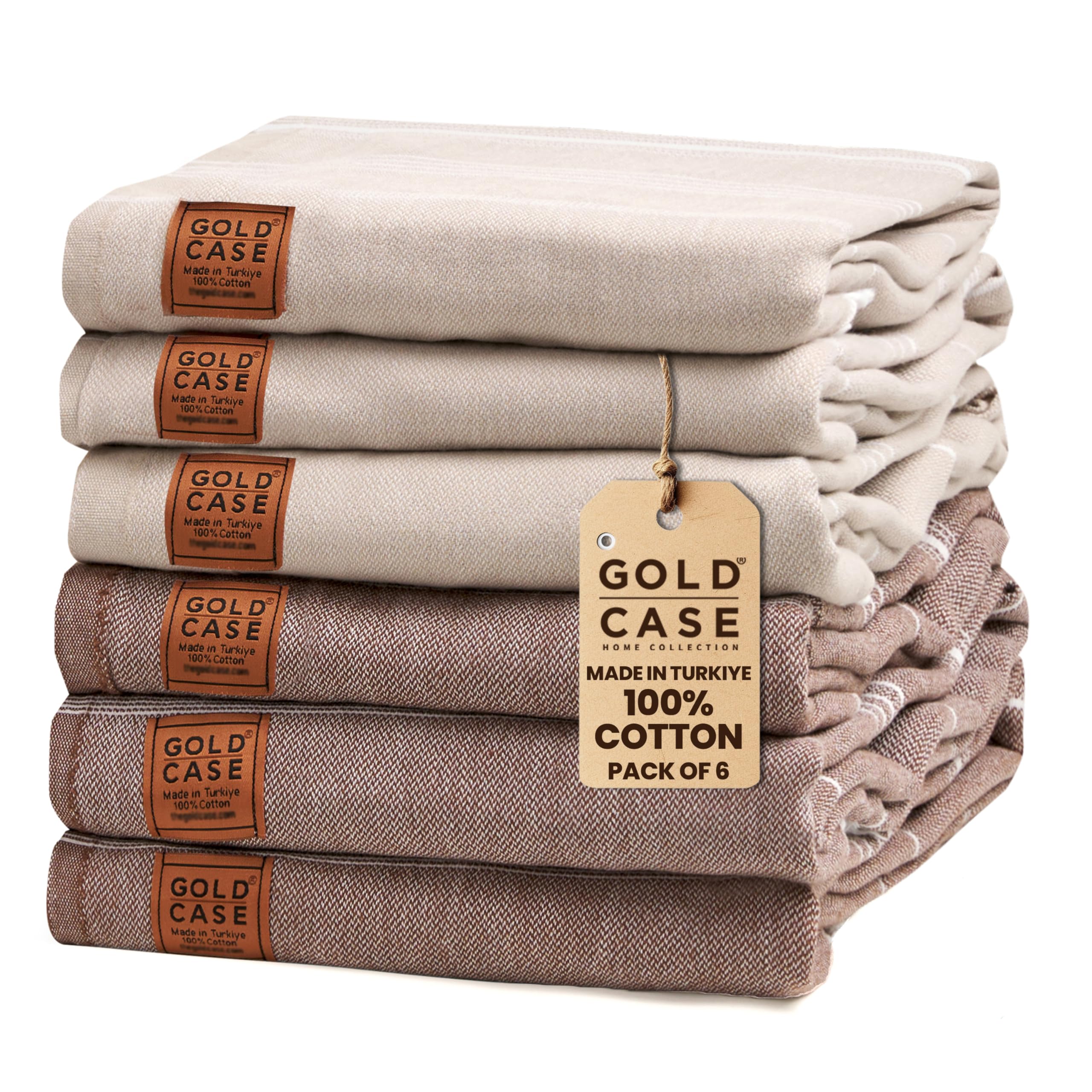 Gold CASE LYCIA Turkish Beach Towel Set of 6 – 100% Cotton Turkish Beach Towels Bulk 70 x 38'' – LYCIA Oversized, Quick Dry & Sand Free Beach Towel – Lightweight Towels Set in Mocha Mousse