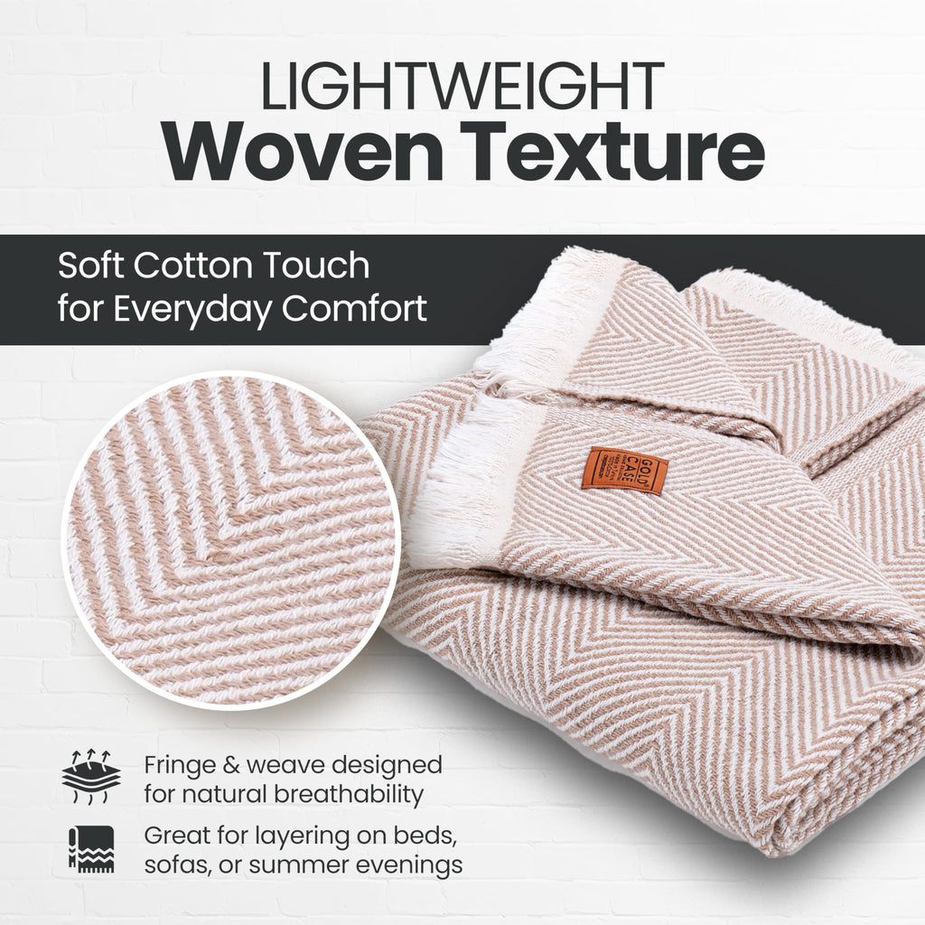 Gold Case Throw Blanket for Couch – 100% Recycled Turkish Cotton Blankets & Throws – Elegant Decorative Throw Blankets for Living Room Sofa – Woven Throws for Couch – Elegant Beige – 50x60