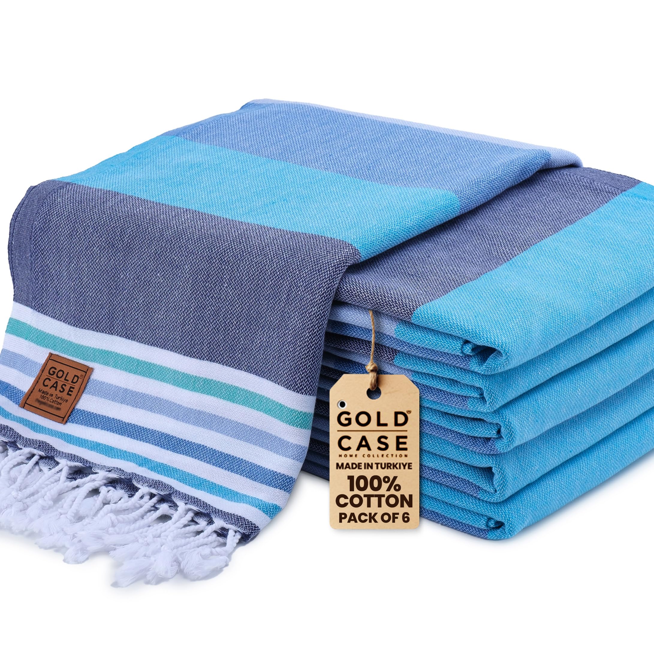 Gold CASE Turkish Beach Towel Set of 6 – 100% Cotton Large Turkish Bath Towels 70 x 38'' – OLYMPOS Oversized, Quick Dry & Sand Free Beach Towel – Lightweight Towels Set - Blue