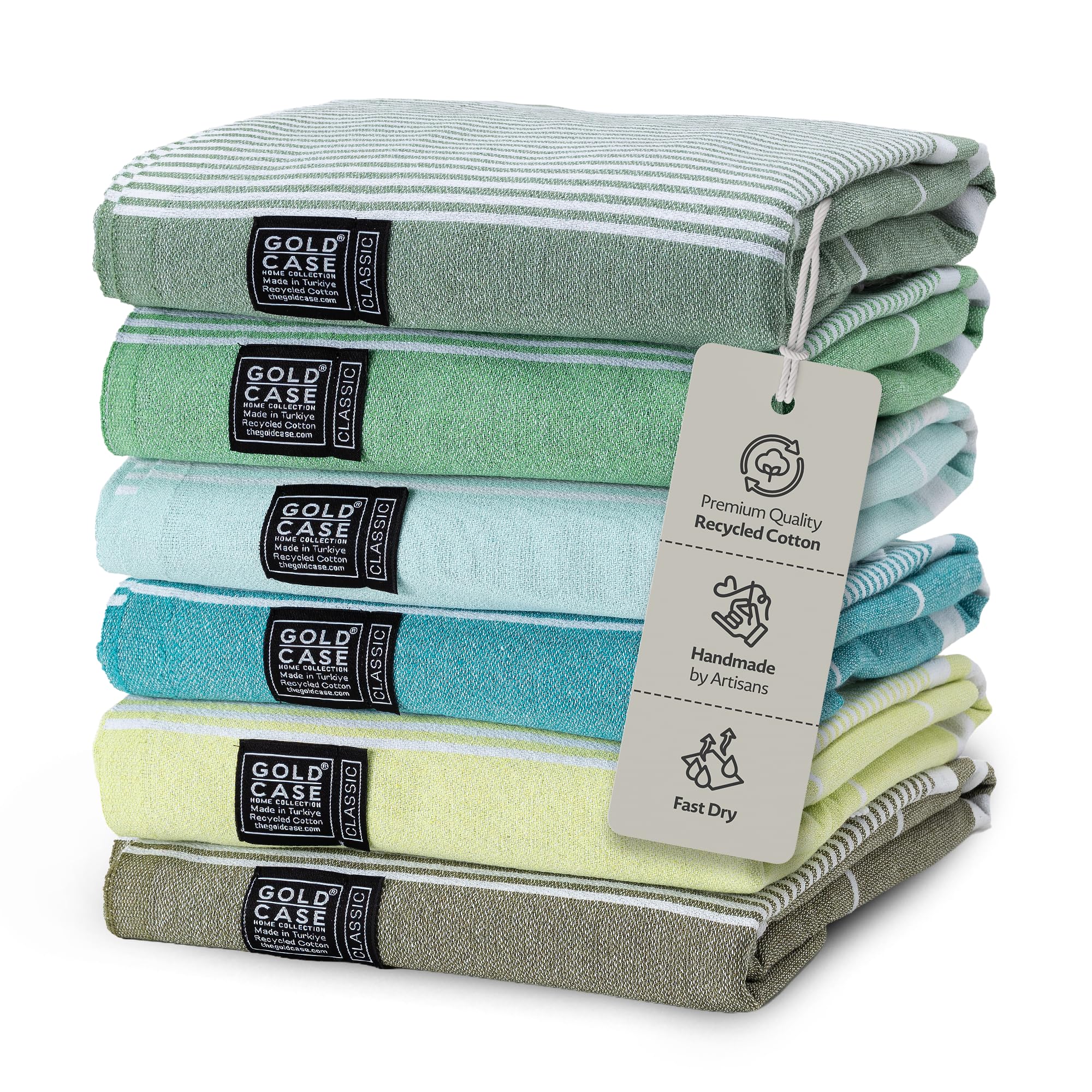 Gold Case Hera Turkish Beach Towels Set of 6-67x37 Inch Oversized Sand Free Quick Dry Pool Towels Made in Türkiye - Green Tones