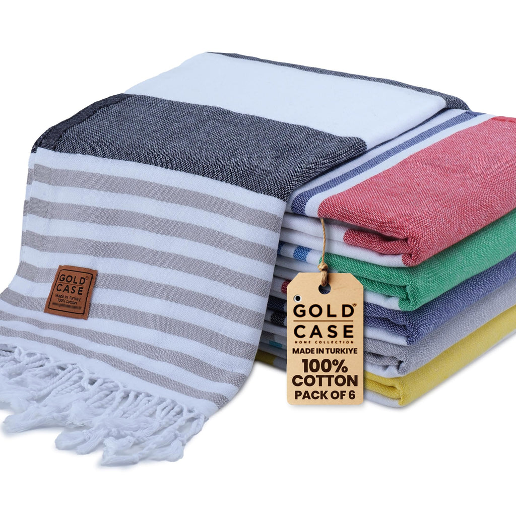 Gold CASE Turkish Beach Towel Set of 6 – 100% Cotton Large Bath Towels 70 x 38'' – LYCIA Oversized, Quick Dry & Sand Free Beach Towel – Lightweight Turkish Towels Set - Multicolor-2