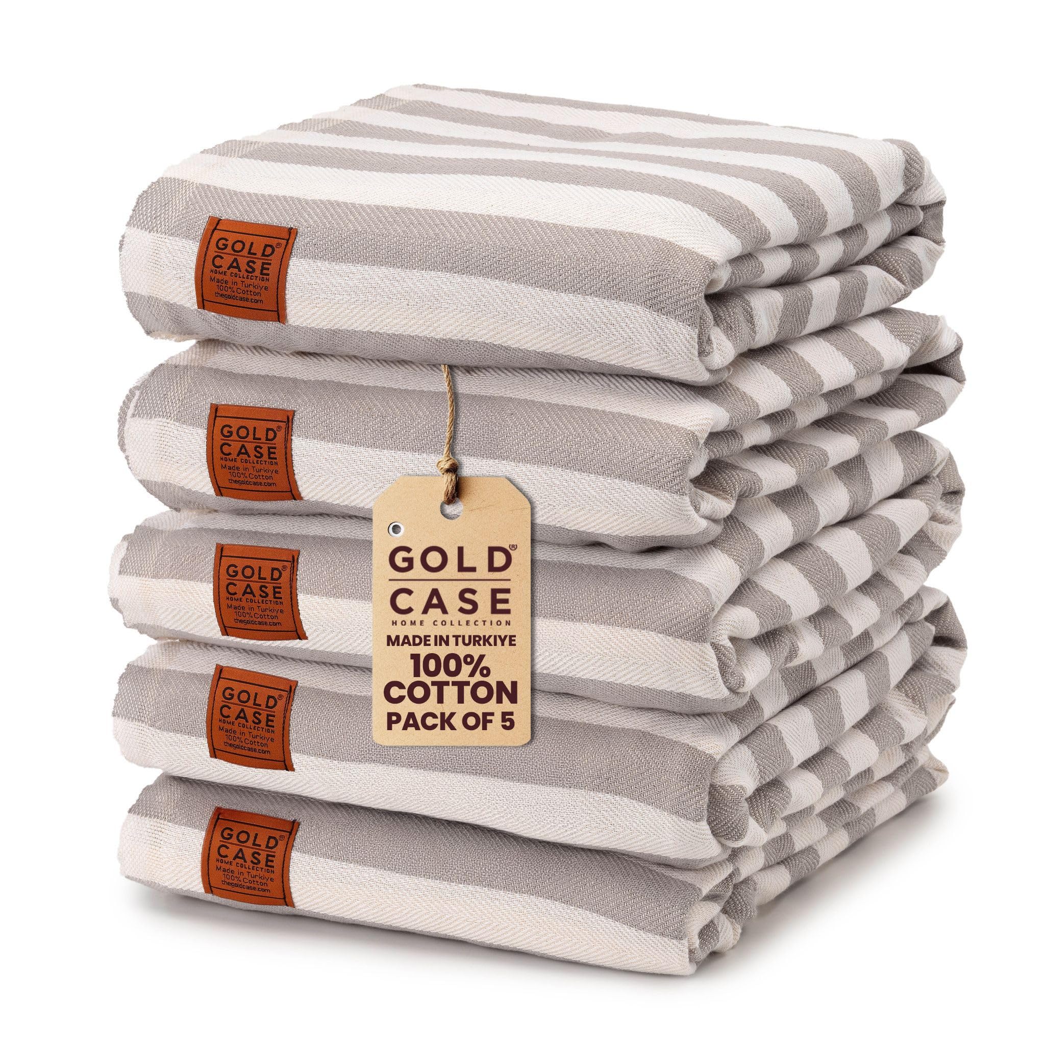 Gold CASE Turkish Beach Towel Set of 5 – 100% Cotton Beach Towels Oversized 70 x 38'' – MYRA Quick Dry Swim Towel – Lightweight Turkish Towels Set in Grey