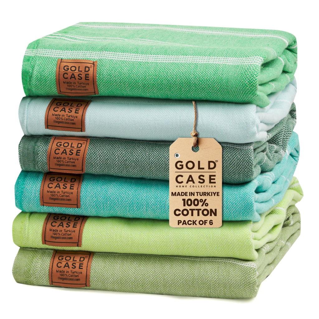 Gold CASE LYCIA Turkish Beach Towel Set of 6 – 100% Cotton Turkish Beach Towels Bulk 70 x 38'' – LYCIA Oversized, Quick Dry & Sand Free Beach Towel – Lightweight Towels Set in Tones of Green