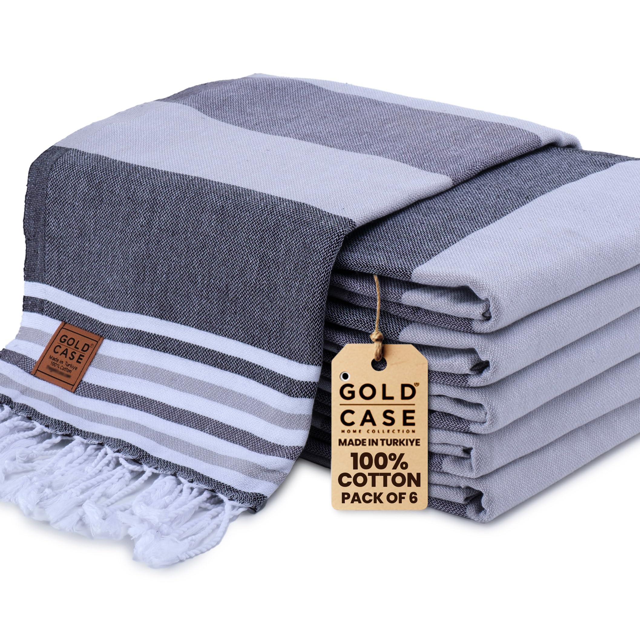 Gold CASE Turkish Beach Towel Set of 6 – 100% Cotton Large Turkish Bath Towels 70 x 38'' – OLYMPOS Oversized, Quick Dry & Sand Free Beach Towel – Lightweight Towels Set - Black