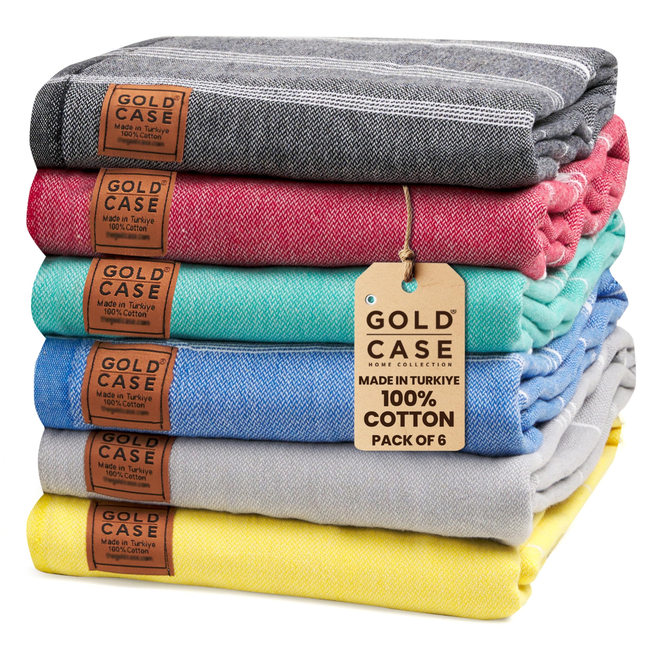 Gold CASE LYCIA Turkish Beach Towel Set of 6 – 100% Cotton Turkish Beach Towels Bulk 70 x 38'' – LYCIA Oversized, Quick Dry & Sand Free Beach Towel – Lightweight Towels Set in Multi Color Tones