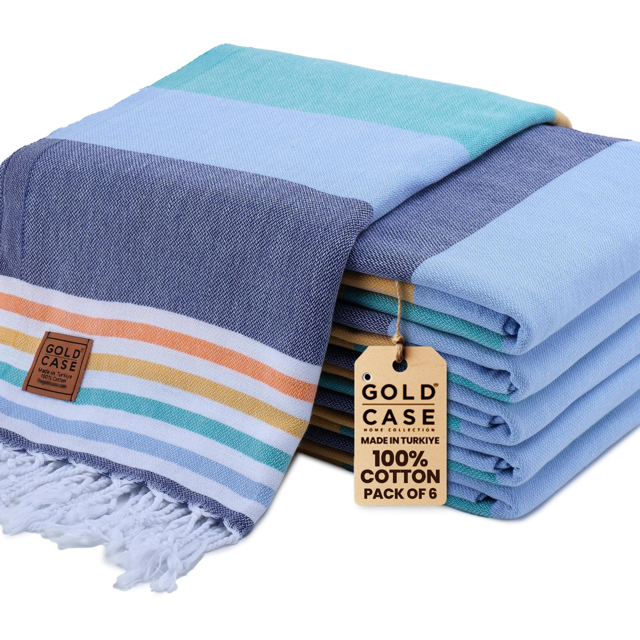 Gold CASE Turkish Beach Towel Set of 6 – 100% Cotton Large Bath Towels 70 x 38'' – OLYMPOS Oversized, Quick Dry & Sand Free Beach Towel – Lightweight Turkish Towels Set - Multicolor-1