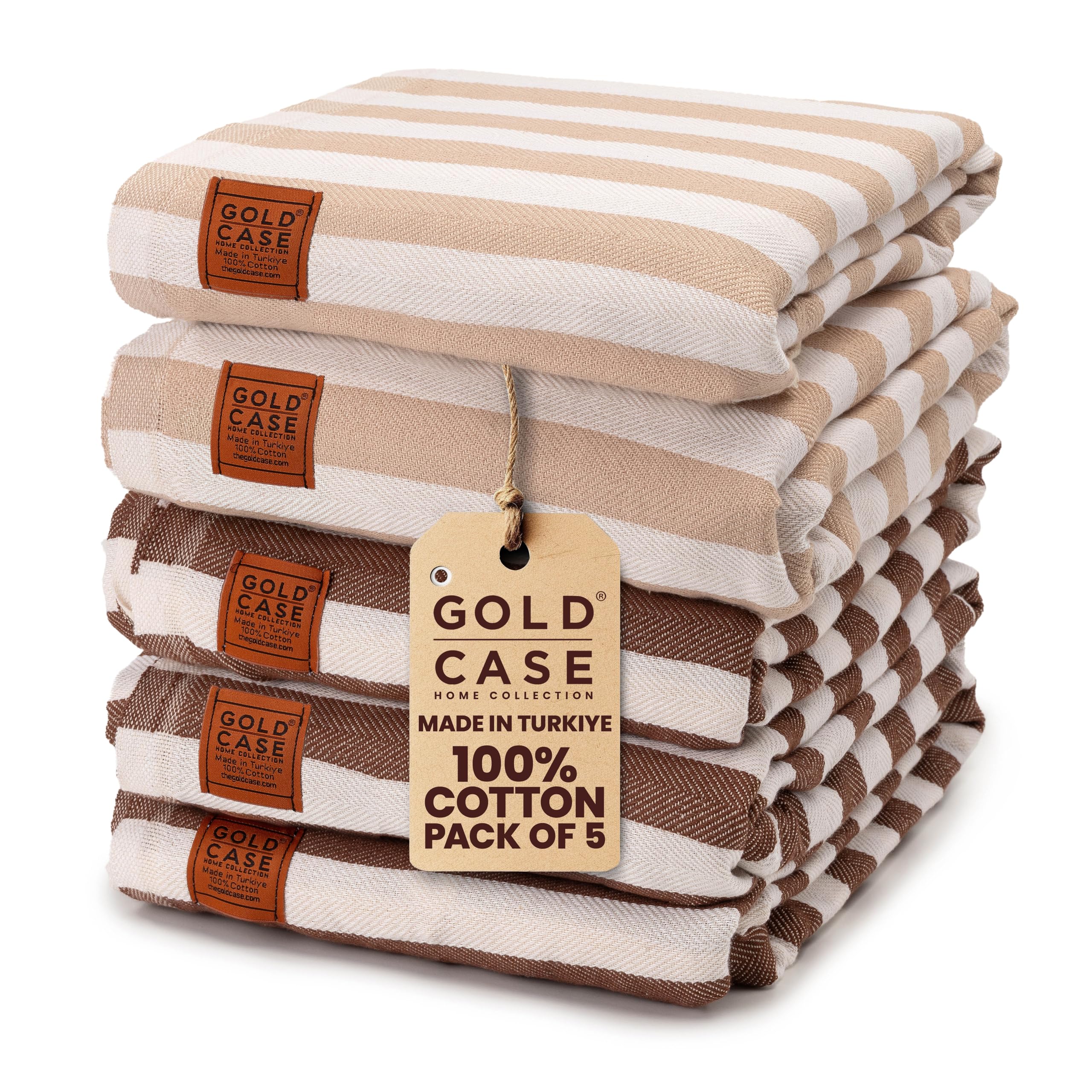 Gold CASE Turkish Beach Towel Set of 5 – 100% Cotton Beach Towels Oversized 70 x 38'' – MYRA Quick Dry Swim Towel – Lightweight Turkish Towels Set in Mocha Mousse