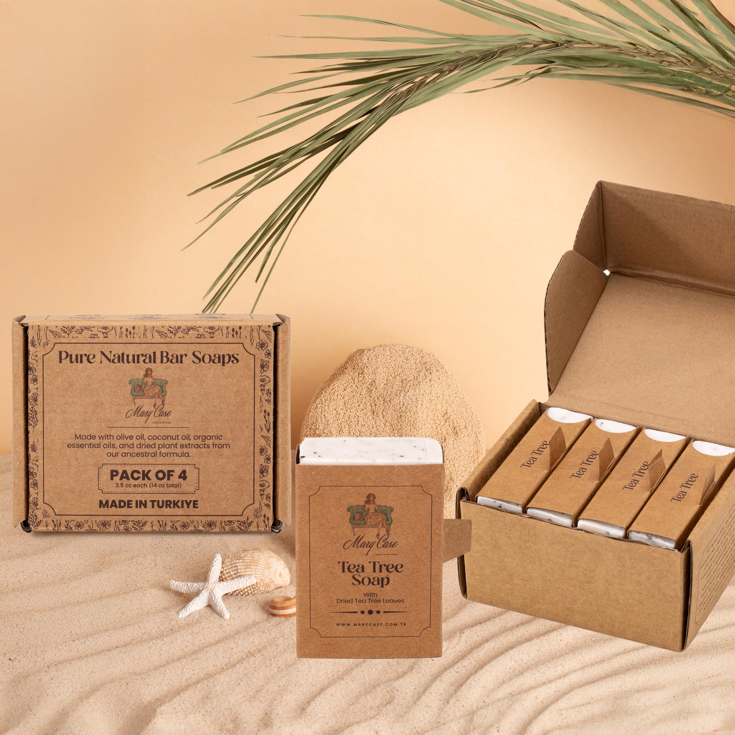 Mary Case All Natural Bar Soaps for Men & Women (Set of 4) - All Vegan - Bath Soap Bar with Olive, Coconut, Essential Oils & Leaves - Vegan Natural Soaps