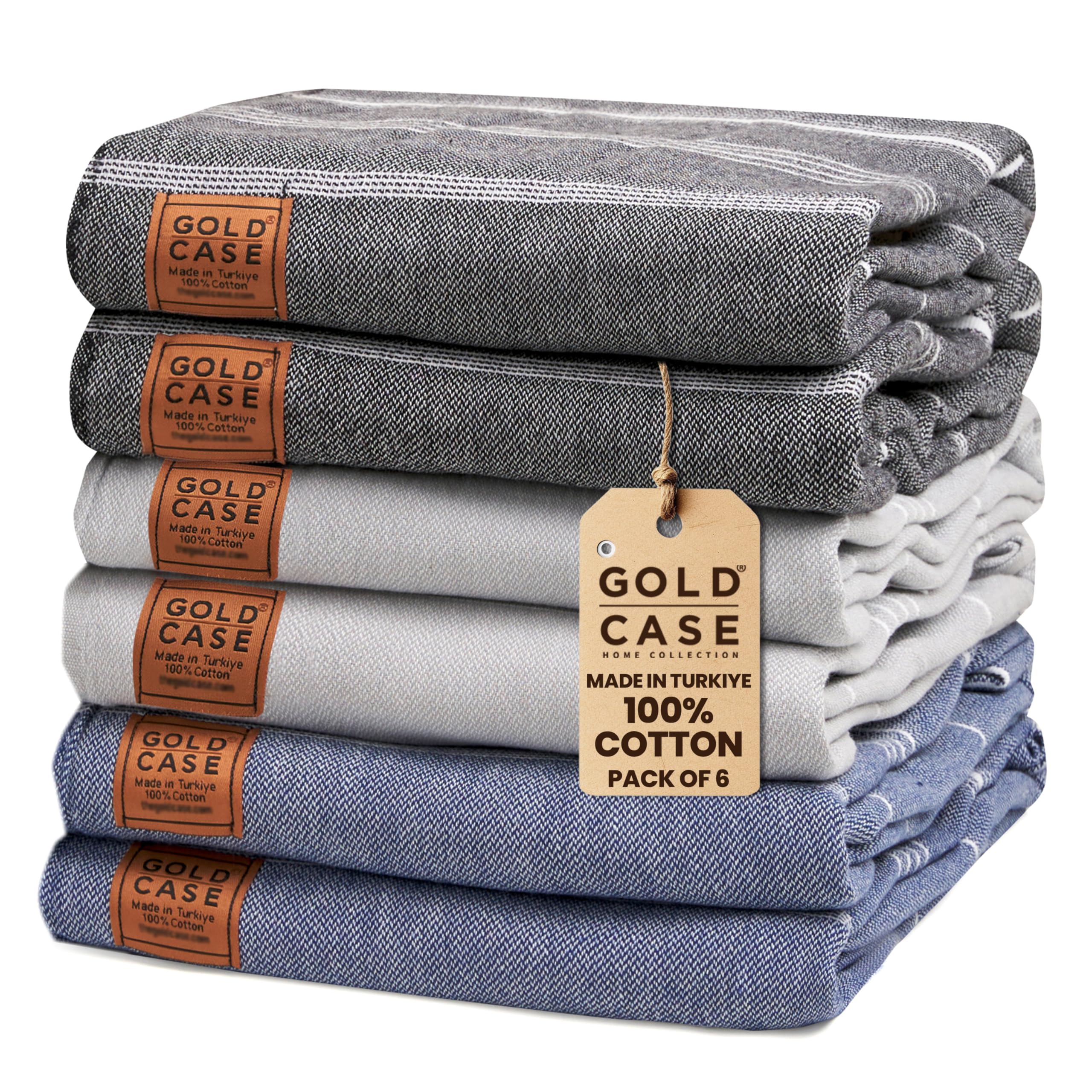 Gold CASE LYCIA Turkish Beach Towel Set of 6 – 100% Cotton Turkish Beach Towels Bulk 70 x 38'' – LYCIA Oversized, Quick Dry & Sand Free Beach Towel – Lightweight Towels Set in Multi Dark Tones