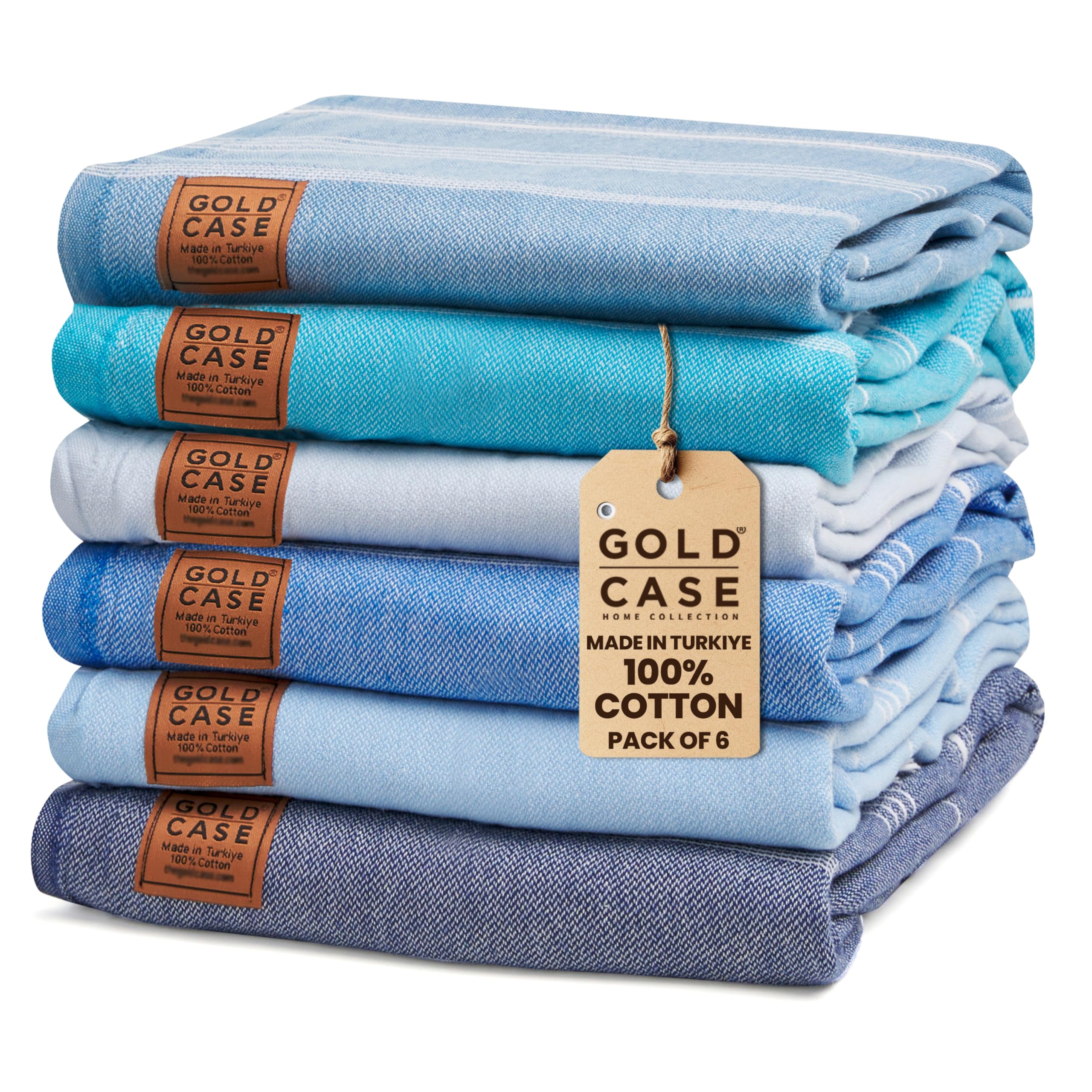 Gold CASE LYCIA Turkish Beach Towel Set of 6 – 100% Cotton Turkish Beach Towels Bulk 70 x 38'' – LYCIA Oversized, Quick Dry & Sand Free Beach Towel – Lightweight Towels Set in Tones of Blue