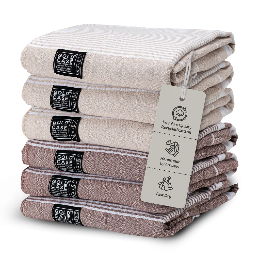 Gold Case Hera Turkish Beach Towels Set of 6-67x37 Inch Oversized Sand Free Quick Dry Pool Towels Made in Türkiye - Beige & Brown