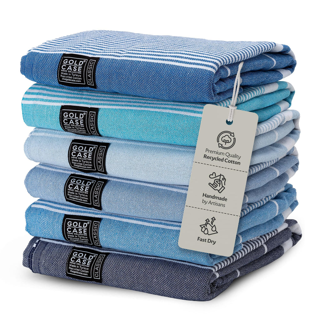Gold Case Hera Turkish Beach Towels Set of 6-67x37 Inch Oversized Sand Free Quick Dry Pool Towels Made in Türkiye - Blue Tones