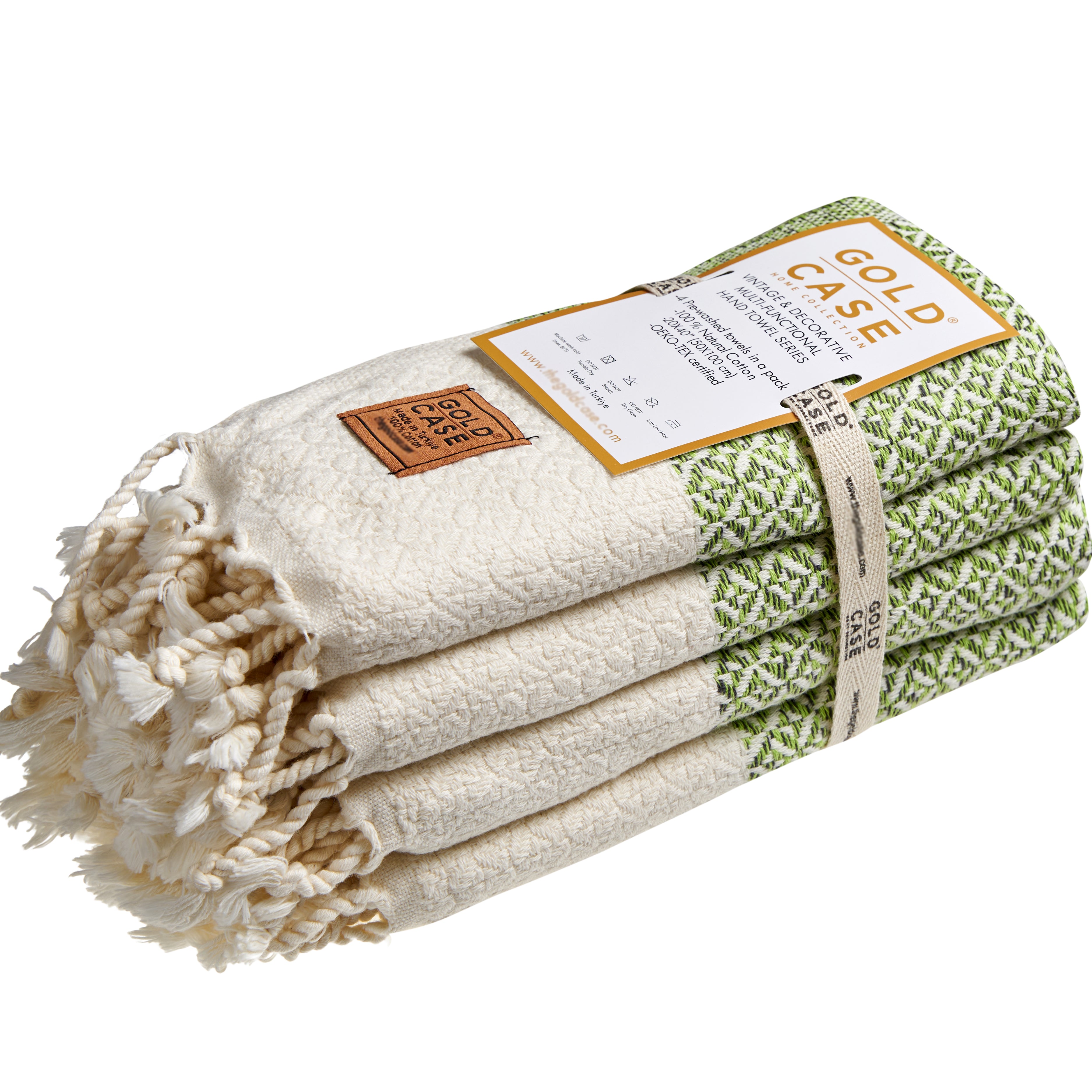 Gold CASE Turkish Hand Towels for Bathroom Set of 4 – 20 x 40'' – 100% Cotton Bathroom Towels – Aphrodite Kitchen Small Towel for Spa, Face, Tea & Dishcloth – Decorative Patterned Weave – Pistachio